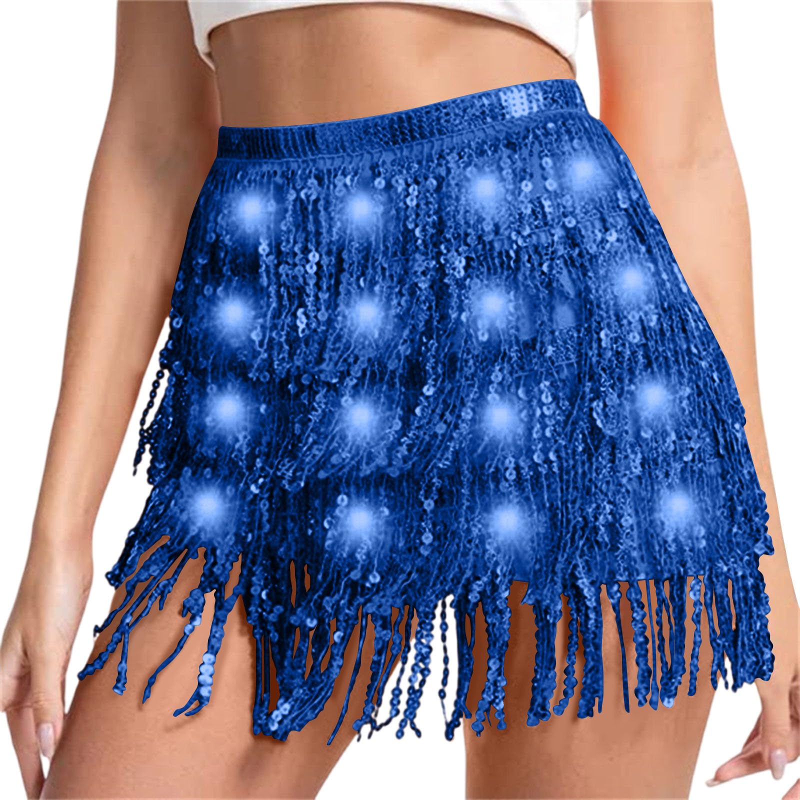 Sequin Skirt Women Led Waist Scarf Belly Dance Waist Chain Tassel Shine Sparkly Mini Skirts Rave Party Outfit