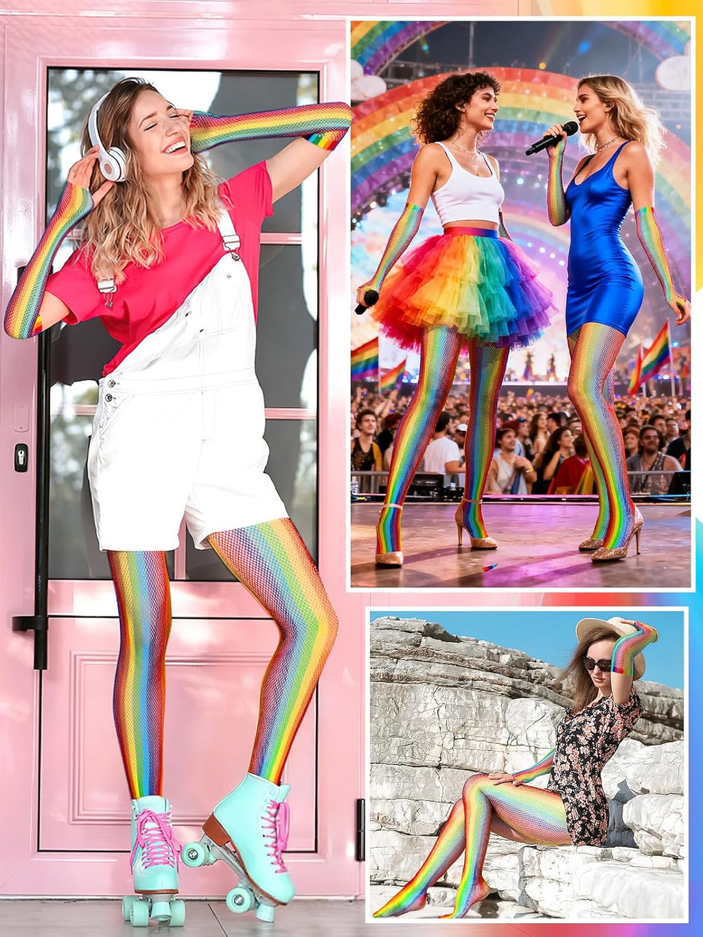 BOARDFEB2 Pieces Rainbow Outfits, Striped Fishnet Tights and Gloves Costume Accessories Set Rainbow Leggings for Carnival Wedding Pride Day Halloweeen