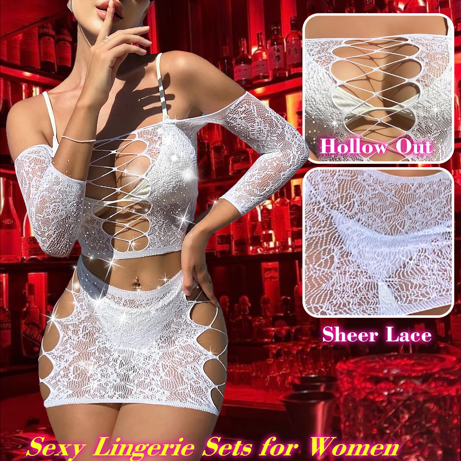 Lingerie Sets for Women Sparkly Rhinestone Sexy Fishnet Babydoll Bodysuit Mesh Chemise Nightwear