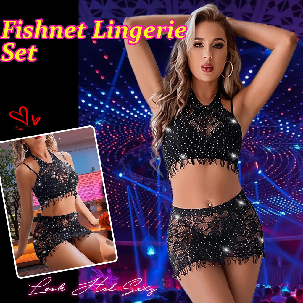 Lingerie Sets for Women Sparkly Rhinestone Sexy Fishnet Babydoll Bodysuit Mesh Chemise Nightwear