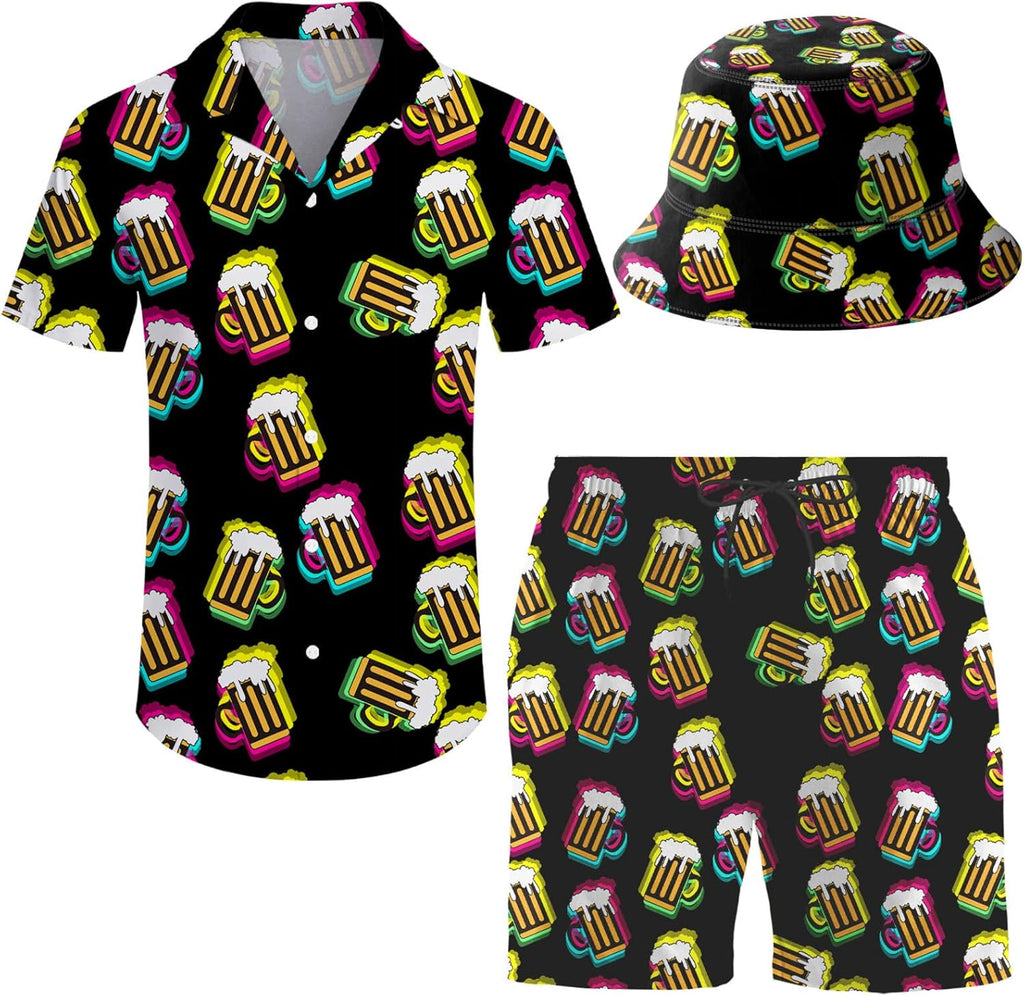 Men's 2 Piece Tracksuit Hawaiian Shirt Shorts Button Down Shirt and Shorts Sets with Bucket Hats