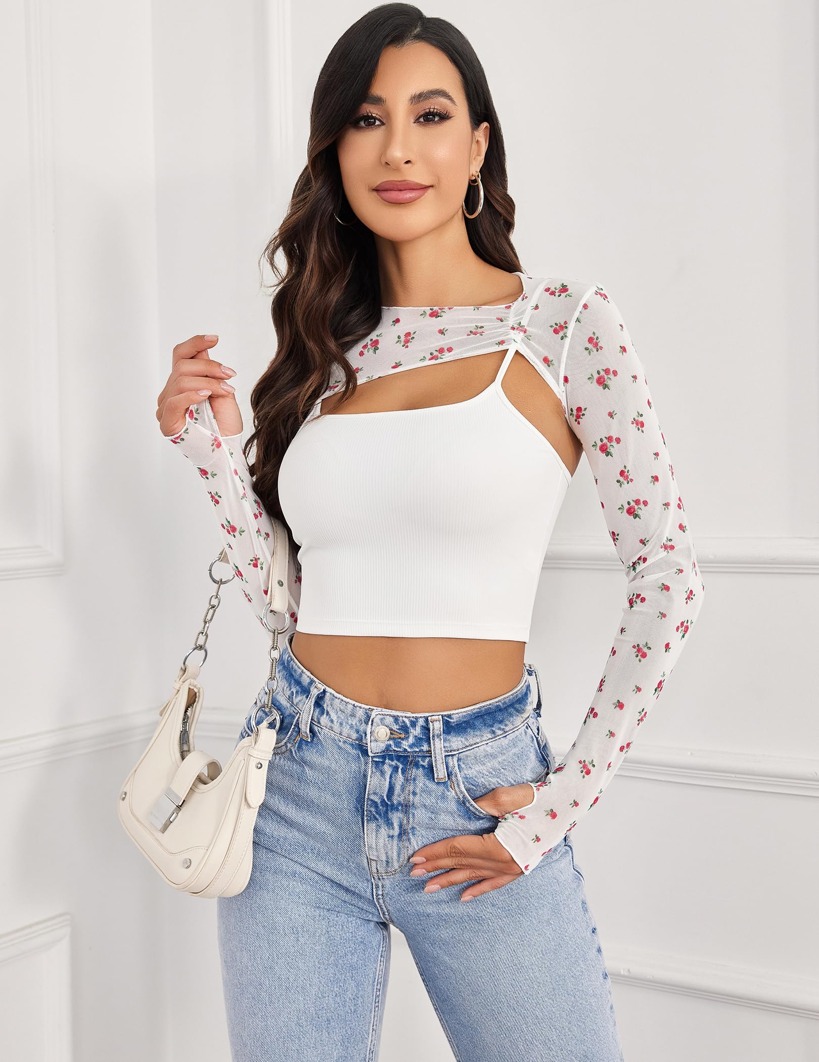 Avidlove Women Sexy Long Sleeve Mesh Crop Top Solid Cover Up with Spaghetti Strap Cami Top 2 Pieces Clubwear with Thumb Holes