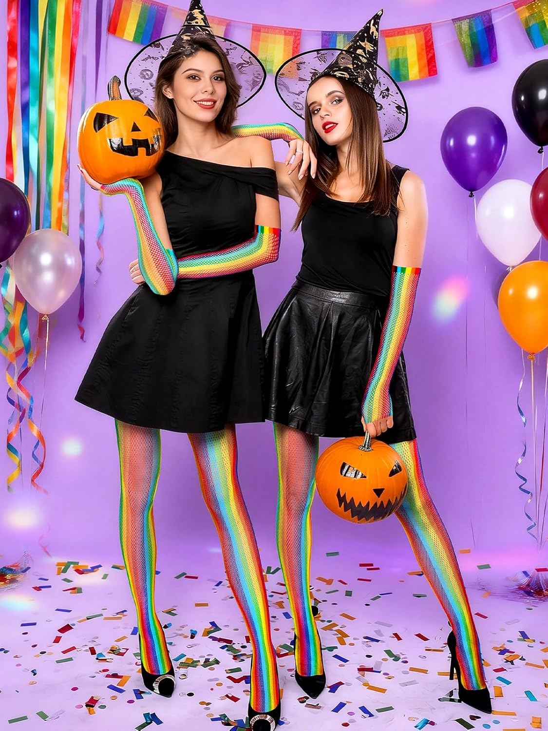 BOARDFEB2 Pieces Rainbow Outfits, Striped Fishnet Tights and Gloves Costume Accessories Set Rainbow Leggings for Carnival Wedding Pride Day Halloweeen