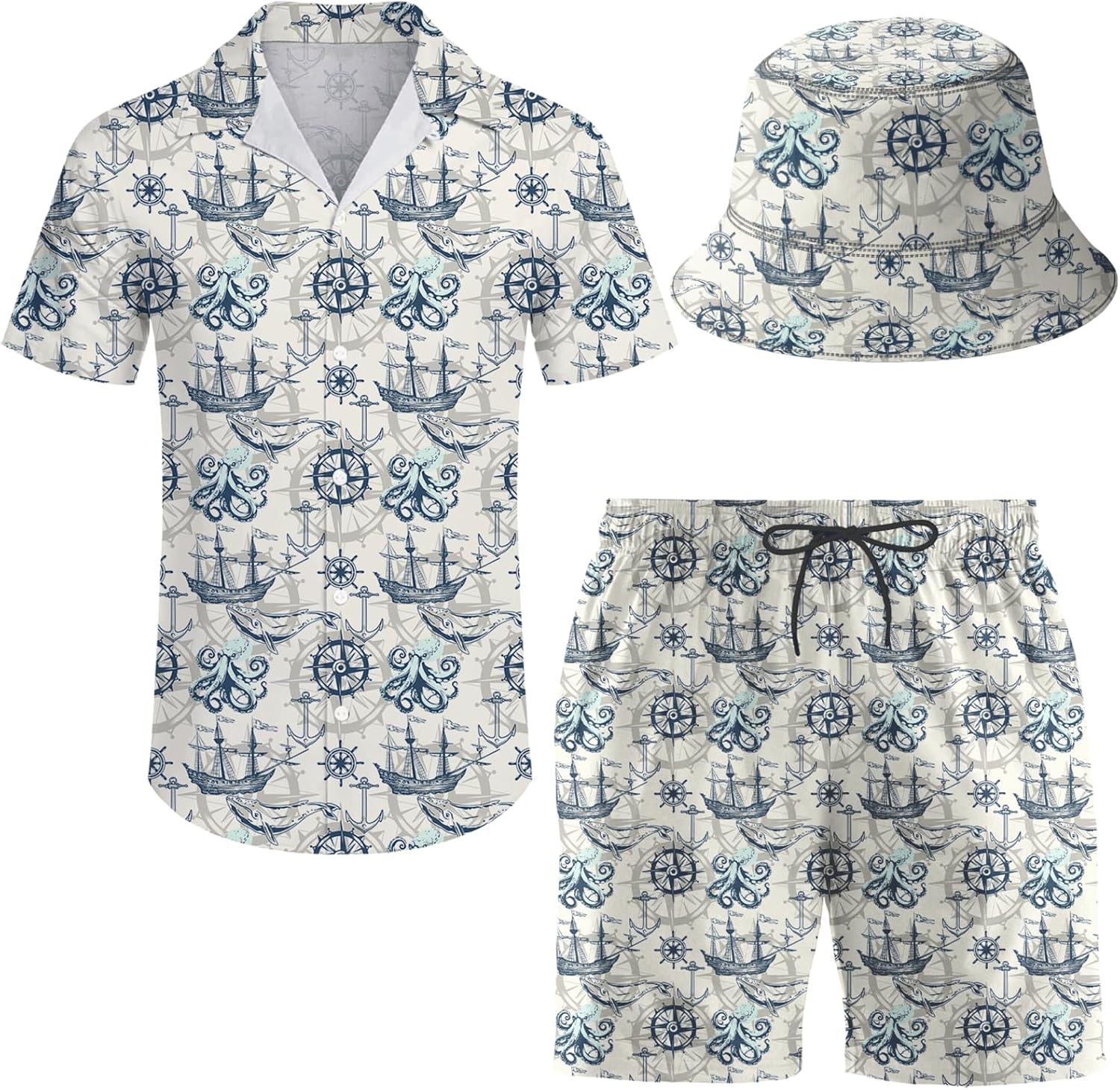 Men's 2 Piece Tracksuit Hawaiian Shirt Shorts Button Down Shirt and Shorts Sets with Bucket Hats