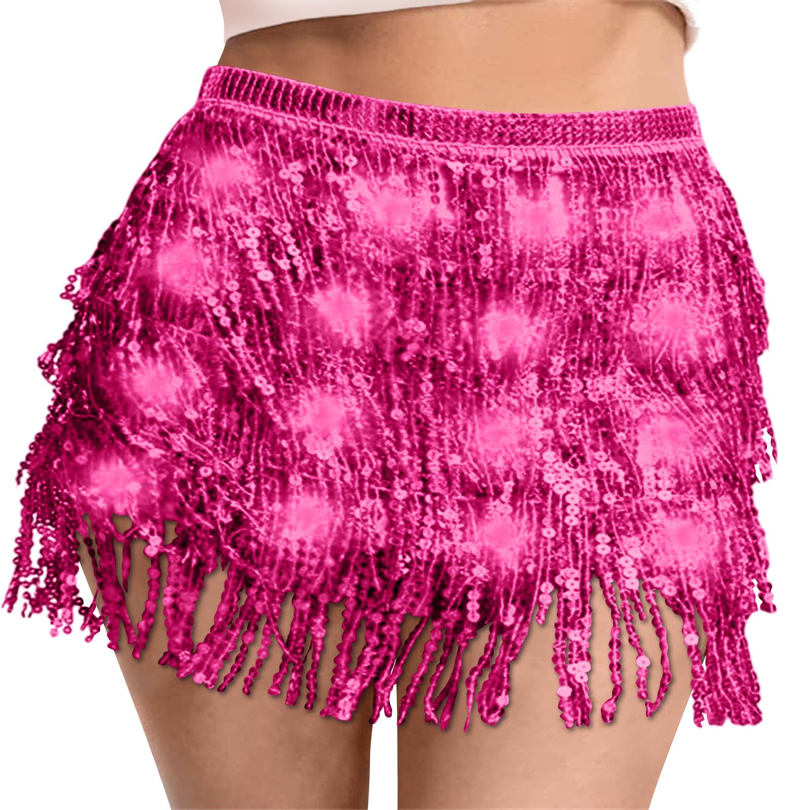 Sequin Skirt Women Led Waist Scarf Belly Dance Waist Chain Tassel Shine Sparkly Mini Skirts Rave Party Outfit