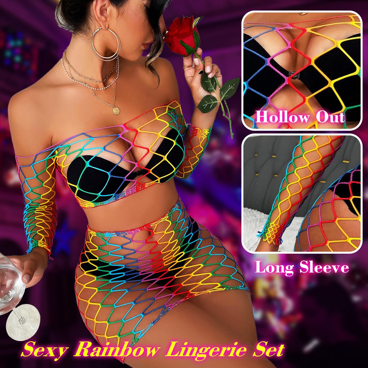 Lingerie Sets for Women Sparkly Rhinestone Sexy Fishnet Babydoll Bodysuit Mesh Chemise Nightwear