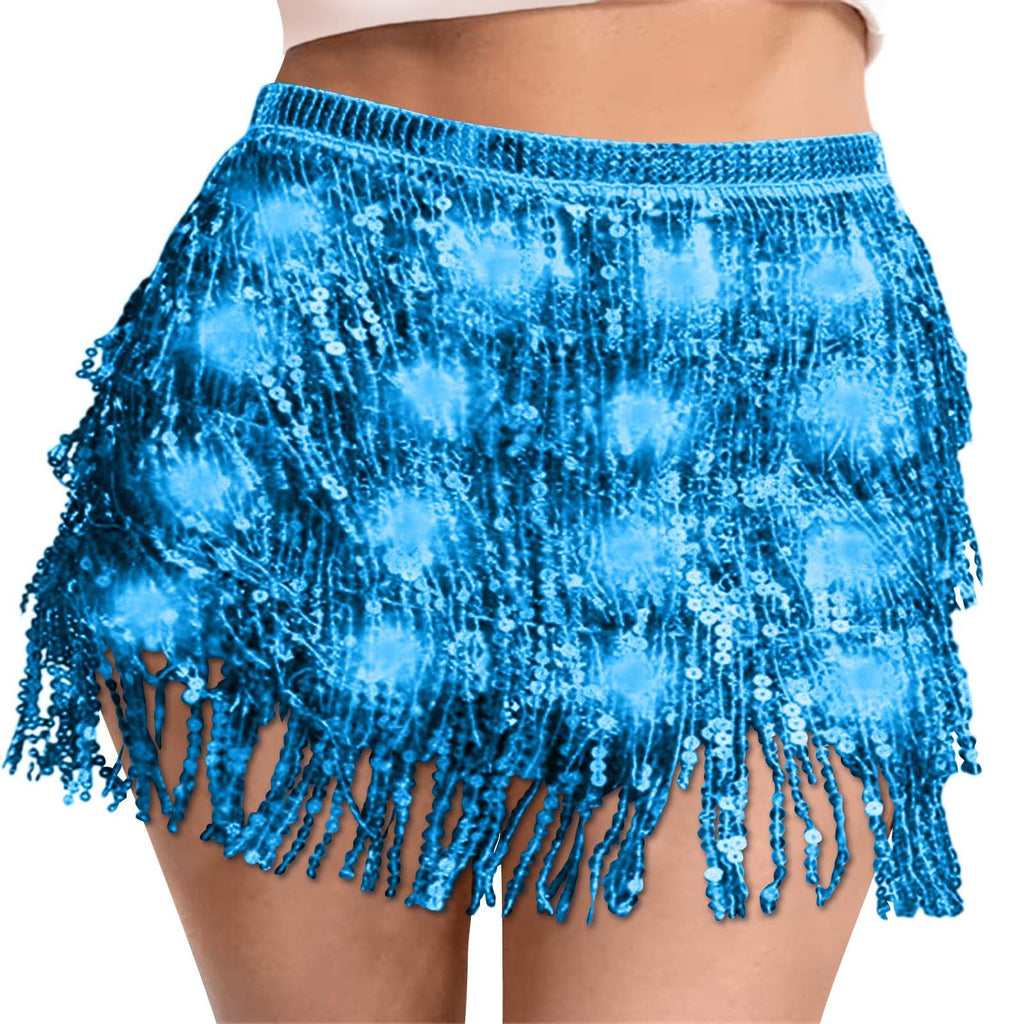 Sequin Skirt Women Led Waist Scarf Belly Dance Waist Chain Tassel Shine Sparkly Mini Skirts Rave Party Outfit