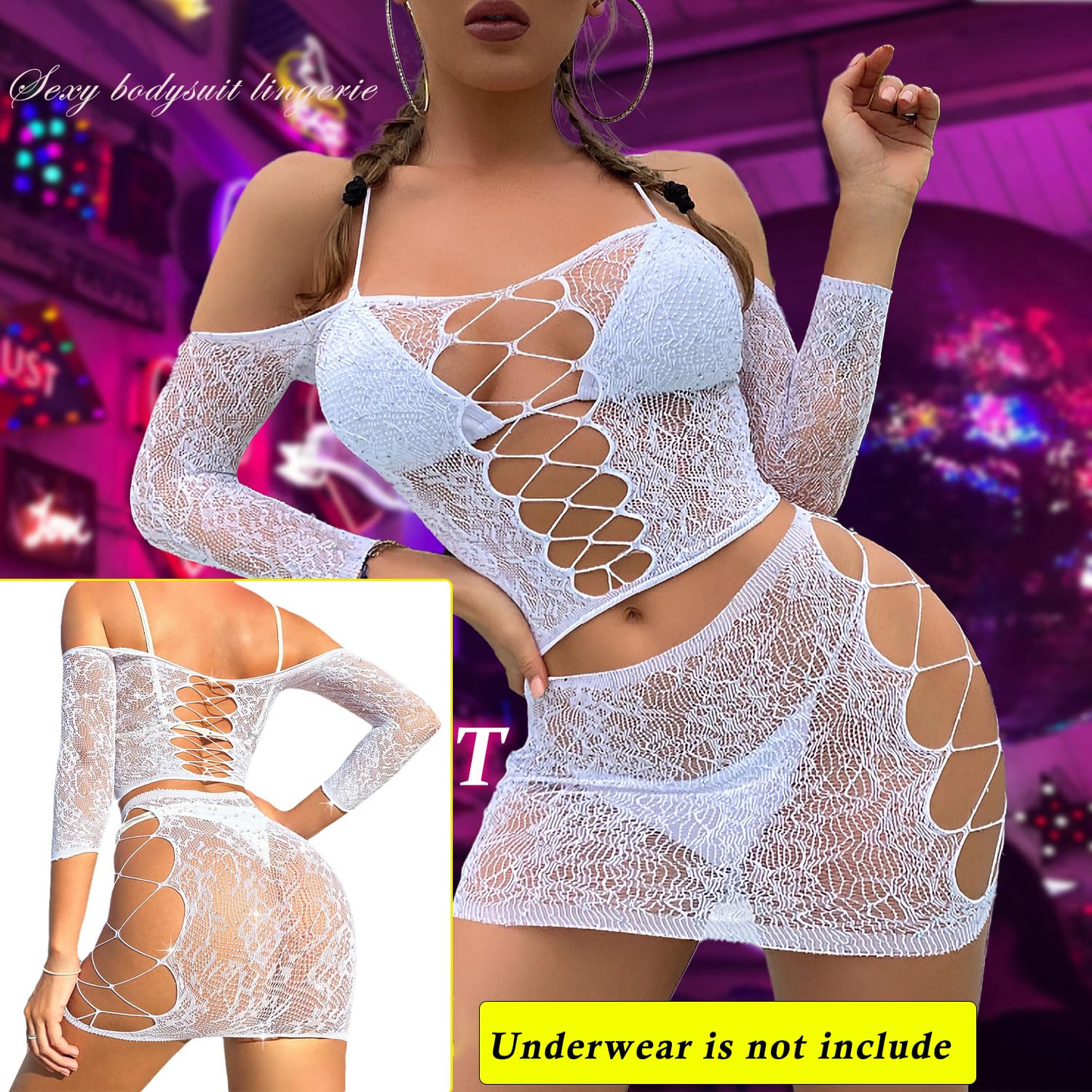 Lingerie Sets for Women Sparkly Rhinestone Sexy Fishnet Babydoll Bodysuit Mesh Chemise Nightwear