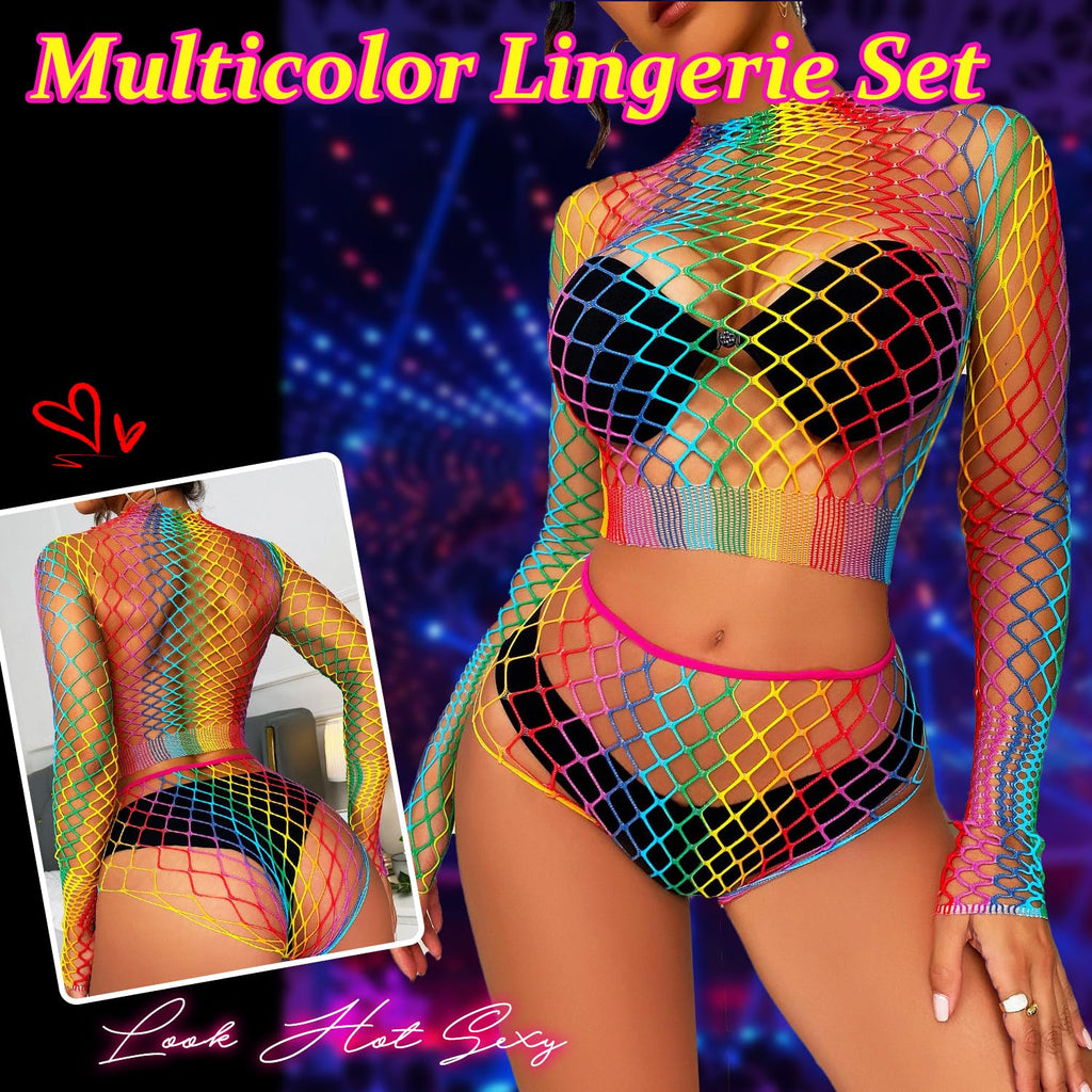 Lingerie Sets for Women Sparkly Rhinestone Sexy Fishnet Babydoll Bodysuit Mesh Chemise Nightwear