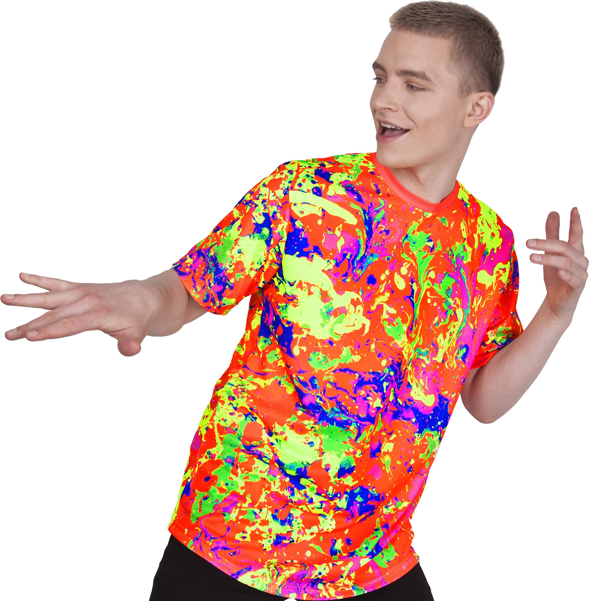 aofmoka Neon Glow Blacklight UV Reactive Party Rave Handmade Art Tee Sport Top Workout Shirt Women Unisex Men Design T-Shirt