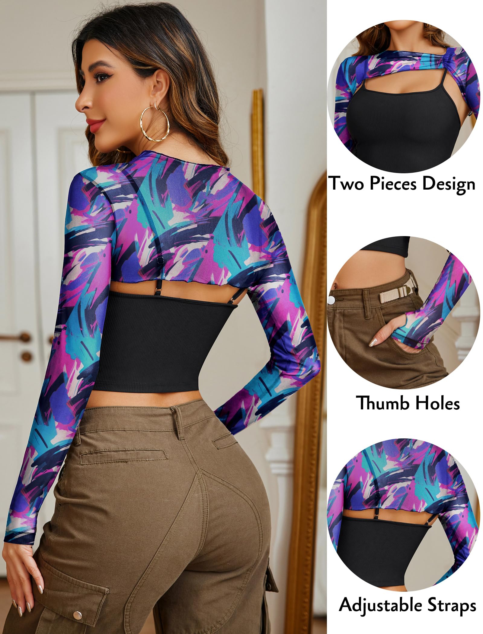 Avidlove Women Sexy Long Sleeve Mesh Crop Top Solid Cover Up with Spaghetti Strap Cami Top 2 Pieces Clubwear with Thumb Holes