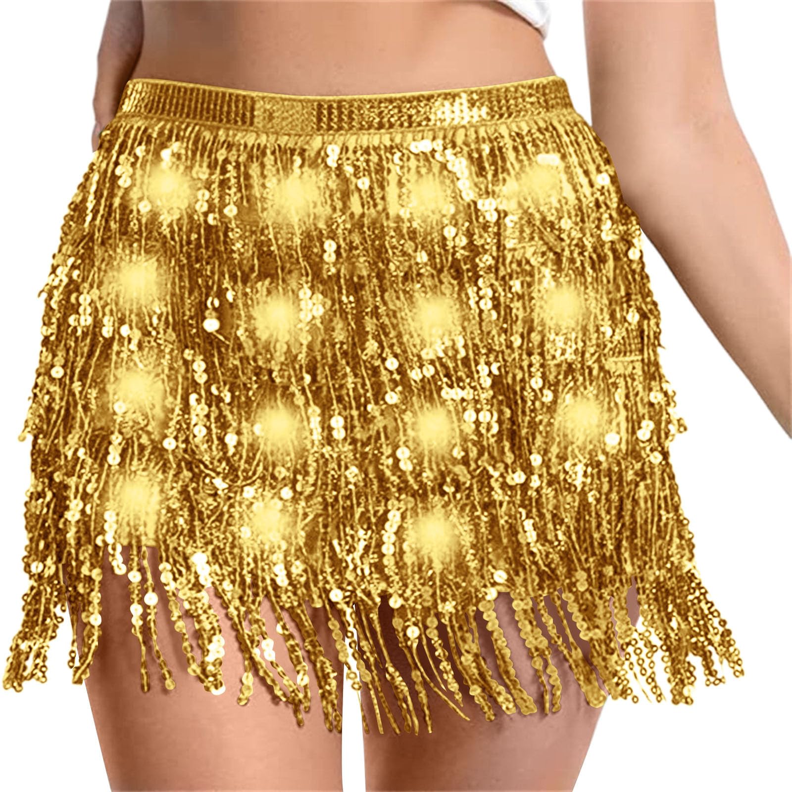 Sequin Skirt Women Led Waist Scarf Belly Dance Waist Chain Tassel Shine Sparkly Mini Skirts Rave Party Outfit