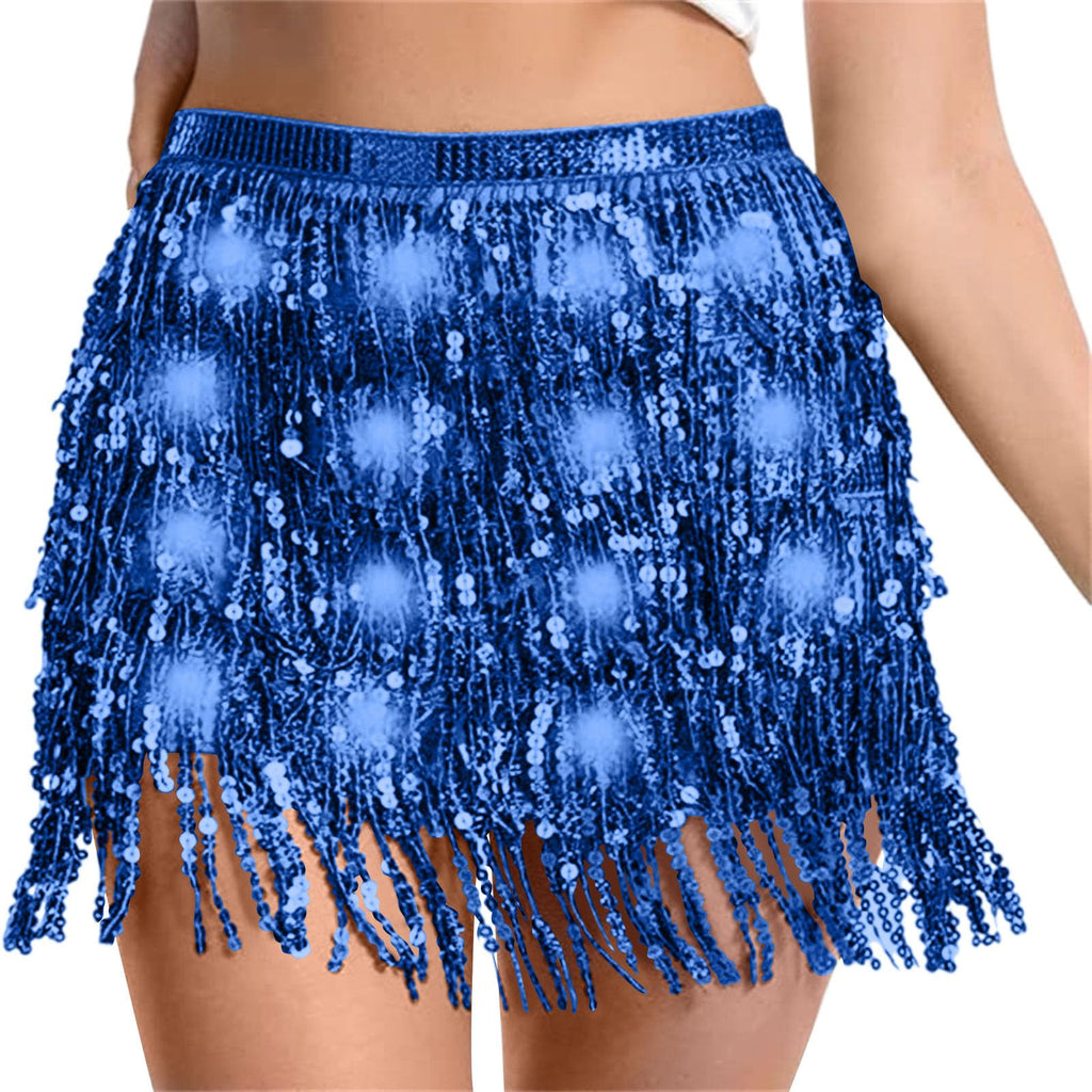 Sequin Skirt Women Led Waist Scarf Belly Dance Waist Chain Tassel Shine Sparkly Mini Skirts Rave Party Outfit