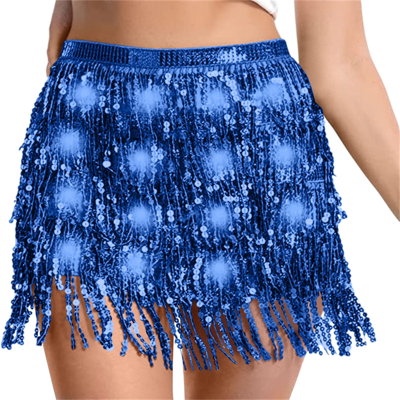 Sequin Skirt Women Led Waist Scarf Belly Dance Waist Chain Tassel Shine Sparkly Mini Skirts Rave Party Outfit