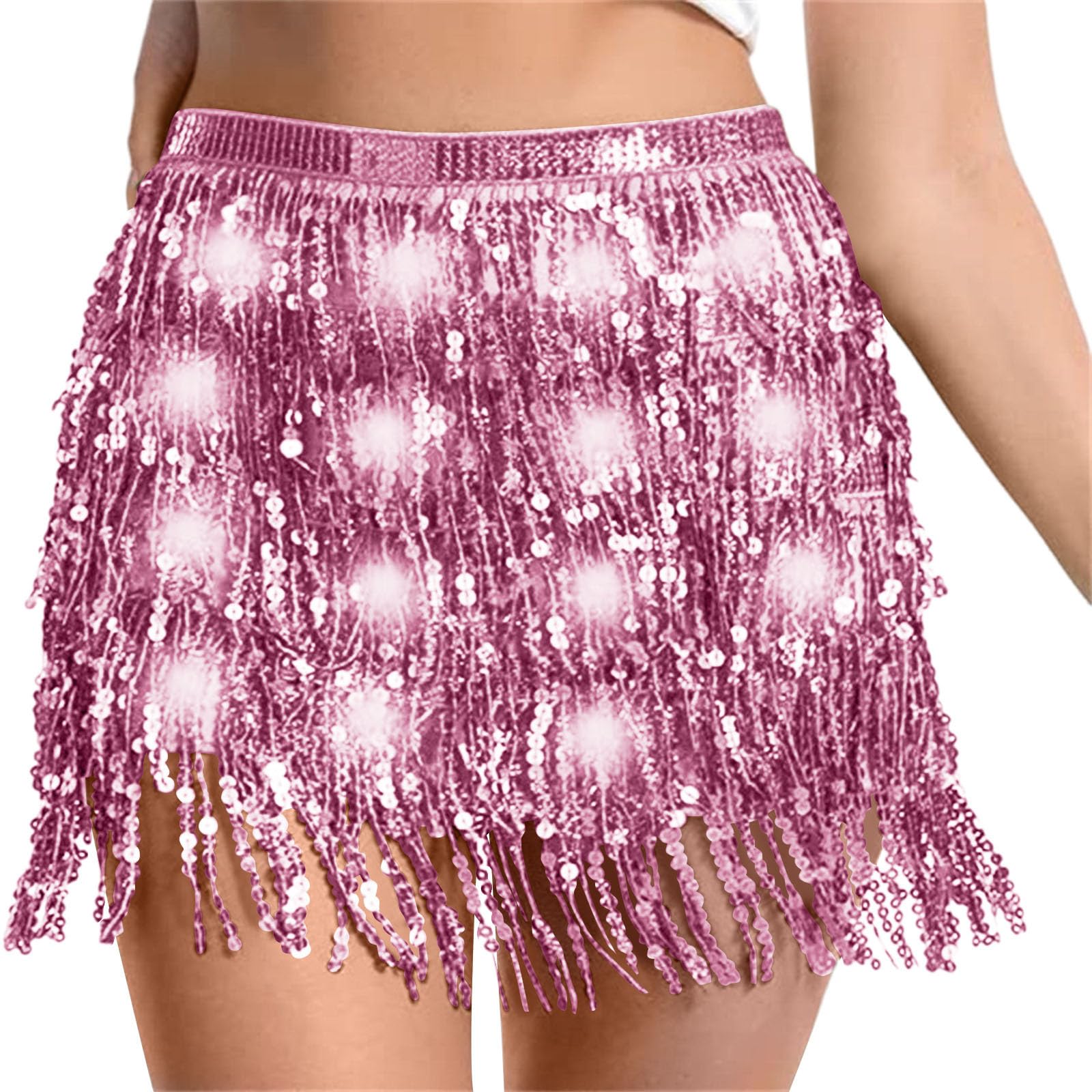 Sequin Skirt Women Led Waist Scarf Belly Dance Waist Chain Tassel Shine Sparkly Mini Skirts Rave Party Outfit