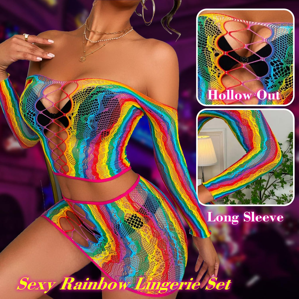 Lingerie Sets for Women Sparkly Rhinestone Sexy Fishnet Babydoll Bodysuit Mesh Chemise Nightwear