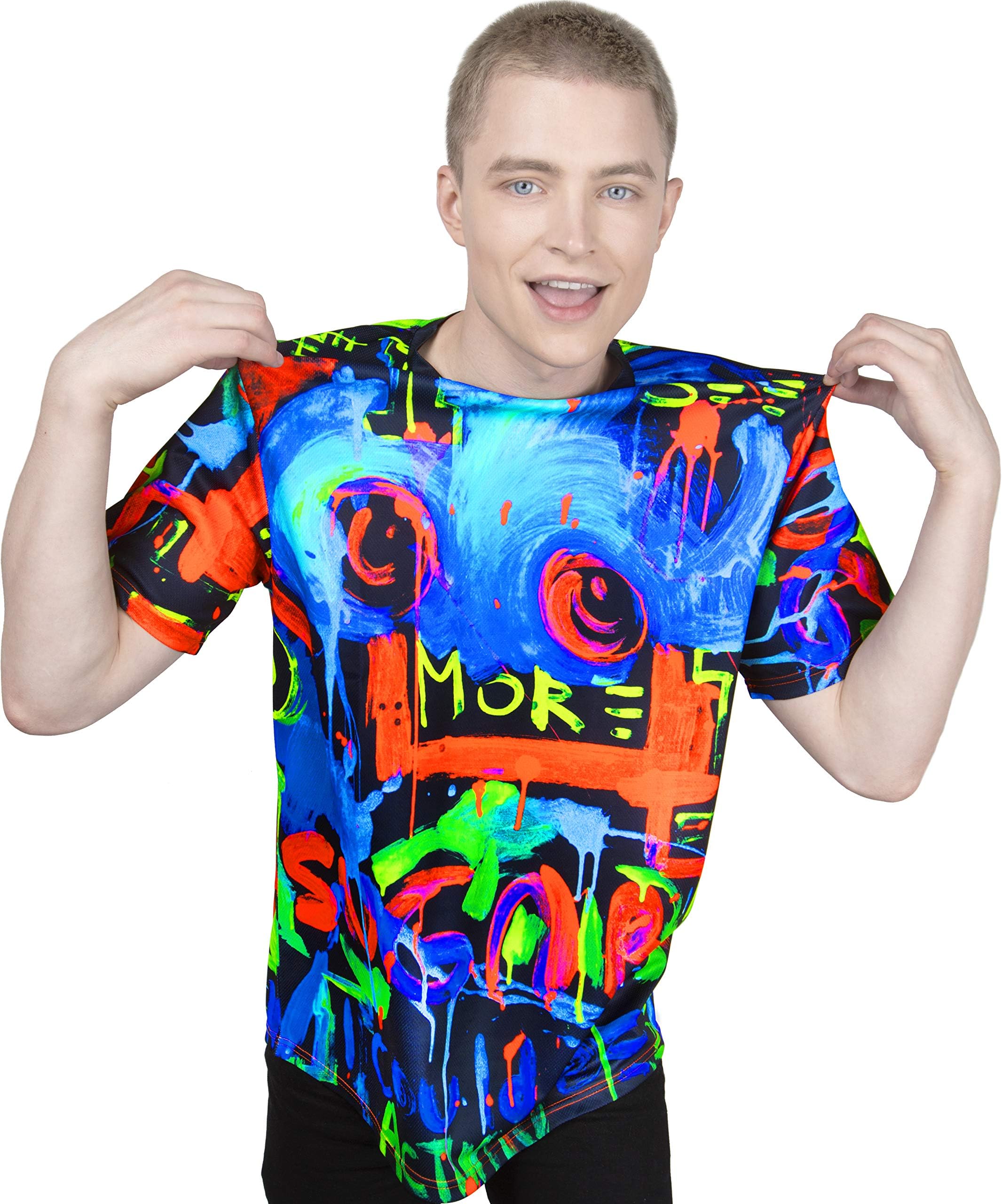 aofmoka Neon Glow Blacklight UV Reactive Party Rave Handmade Art Tee Sport Top Workout Shirt Women Unisex Men Design T-Shirt