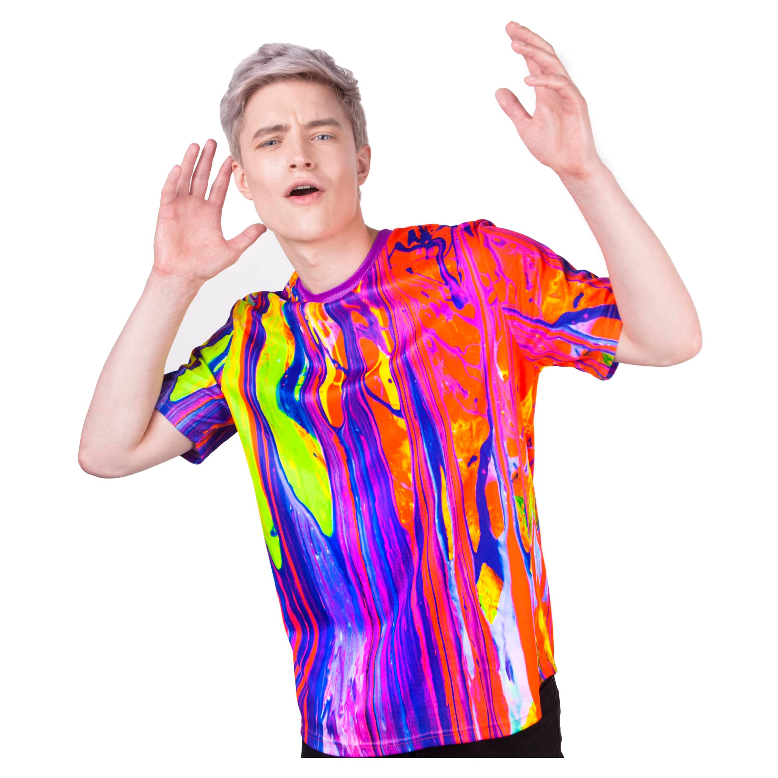 aofmoka Neon Glow Blacklight UV Reactive Party Rave Handmade Art Tee Sport Top Workout Shirt Women Unisex Men Design T-Shirt