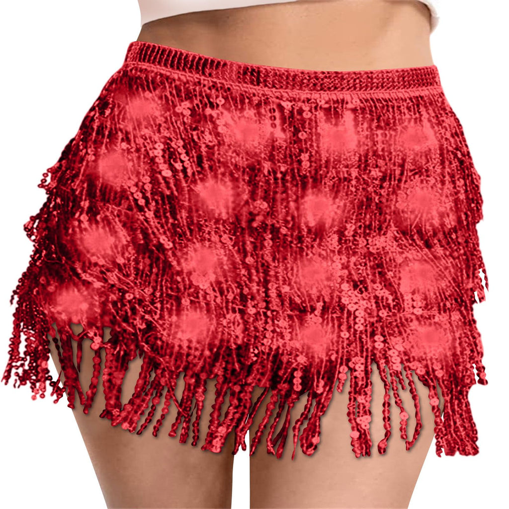 Sequin Skirt Women Led Waist Scarf Belly Dance Waist Chain Tassel Shine Sparkly Mini Skirts Rave Party Outfit