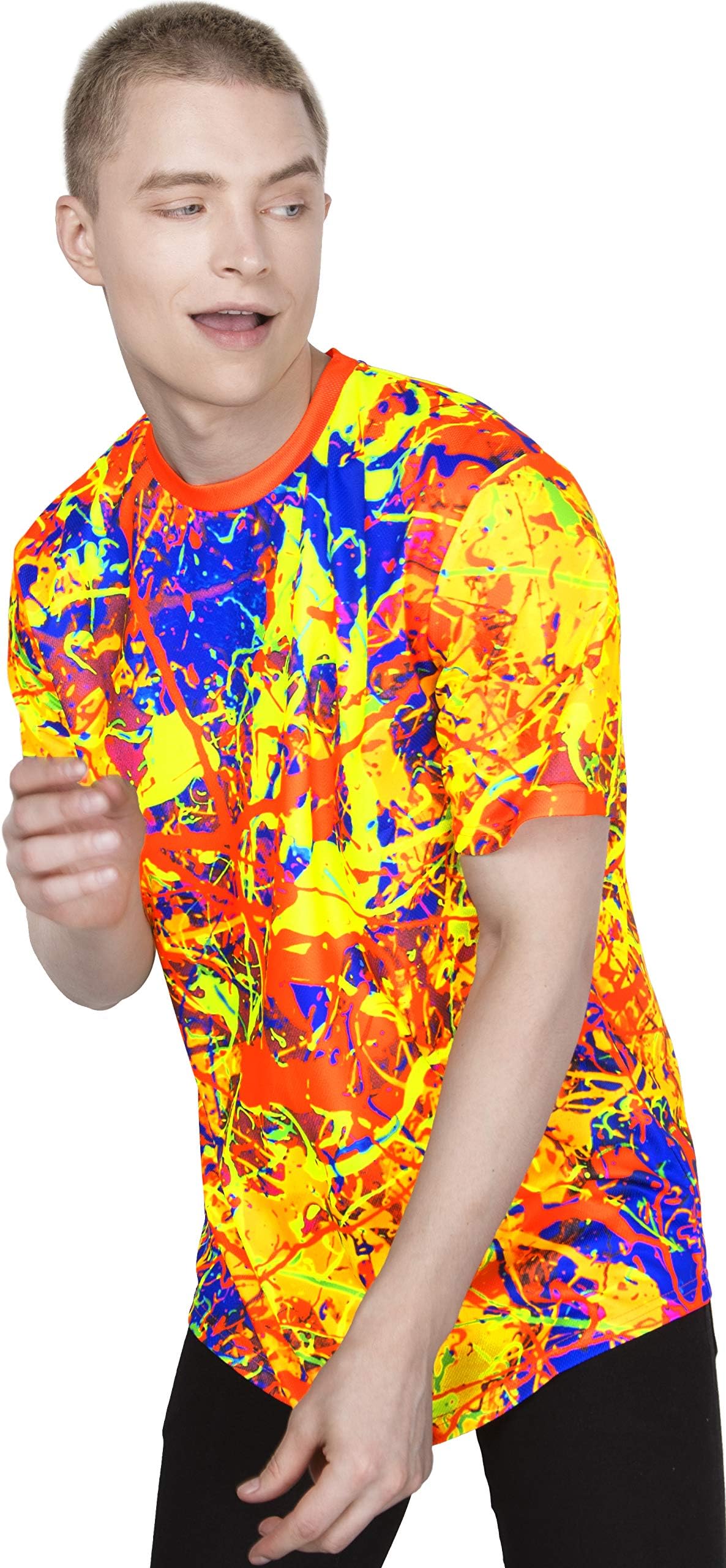 aofmoka Neon Glow Blacklight UV Reactive Party Rave Handmade Art Tee Sport Top Workout Shirt Women Unisex Men Design T-Shirt
