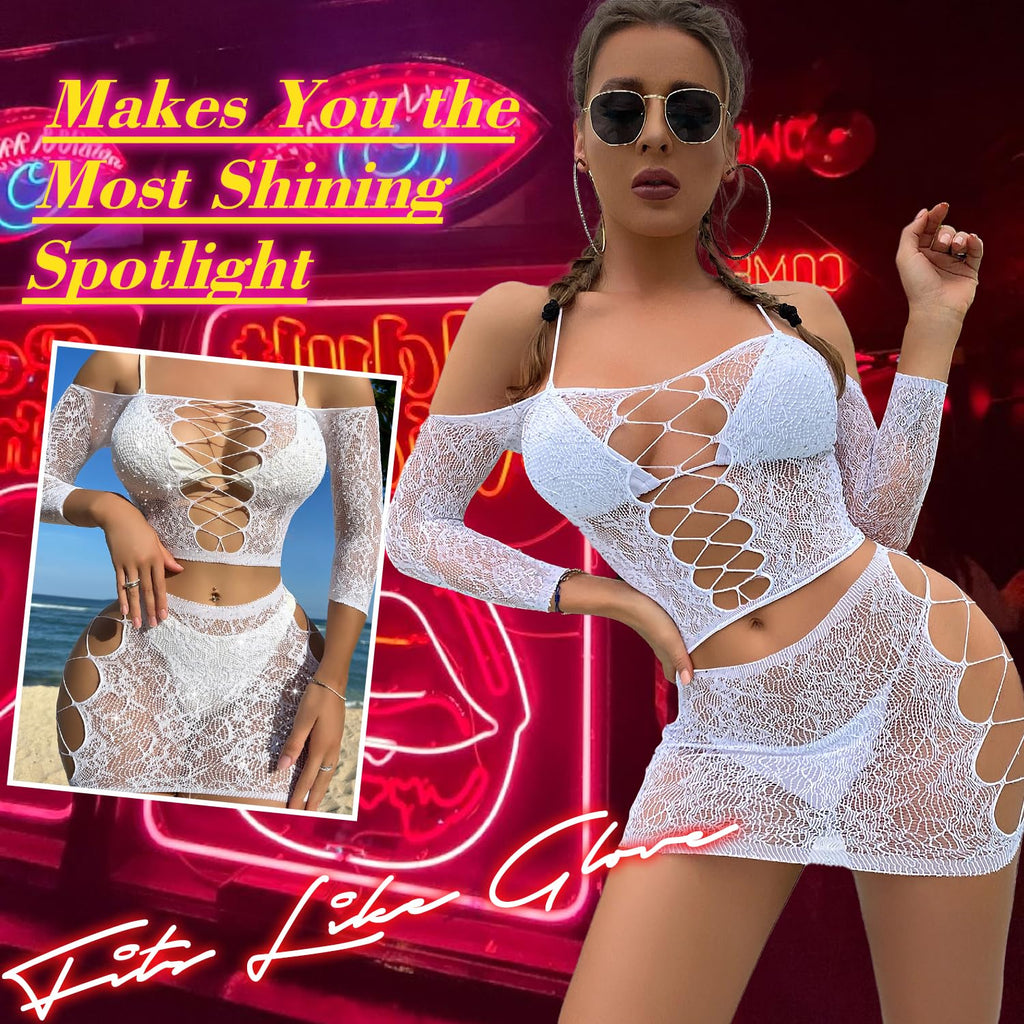 Lingerie Sets for Women Sparkly Rhinestone Sexy Fishnet Babydoll Bodysuit Mesh Chemise Nightwear