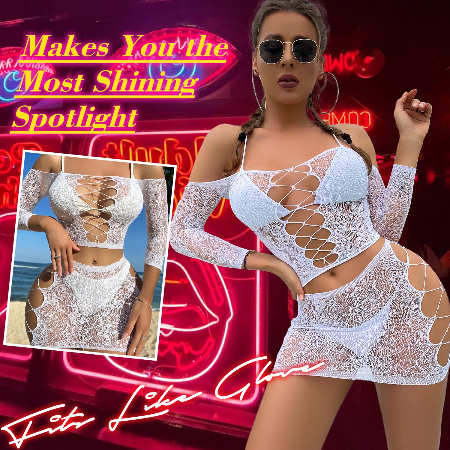 Lingerie Sets for Women Sparkly Rhinestone Sexy Fishnet Babydoll Bodysuit Mesh Chemise Nightwear