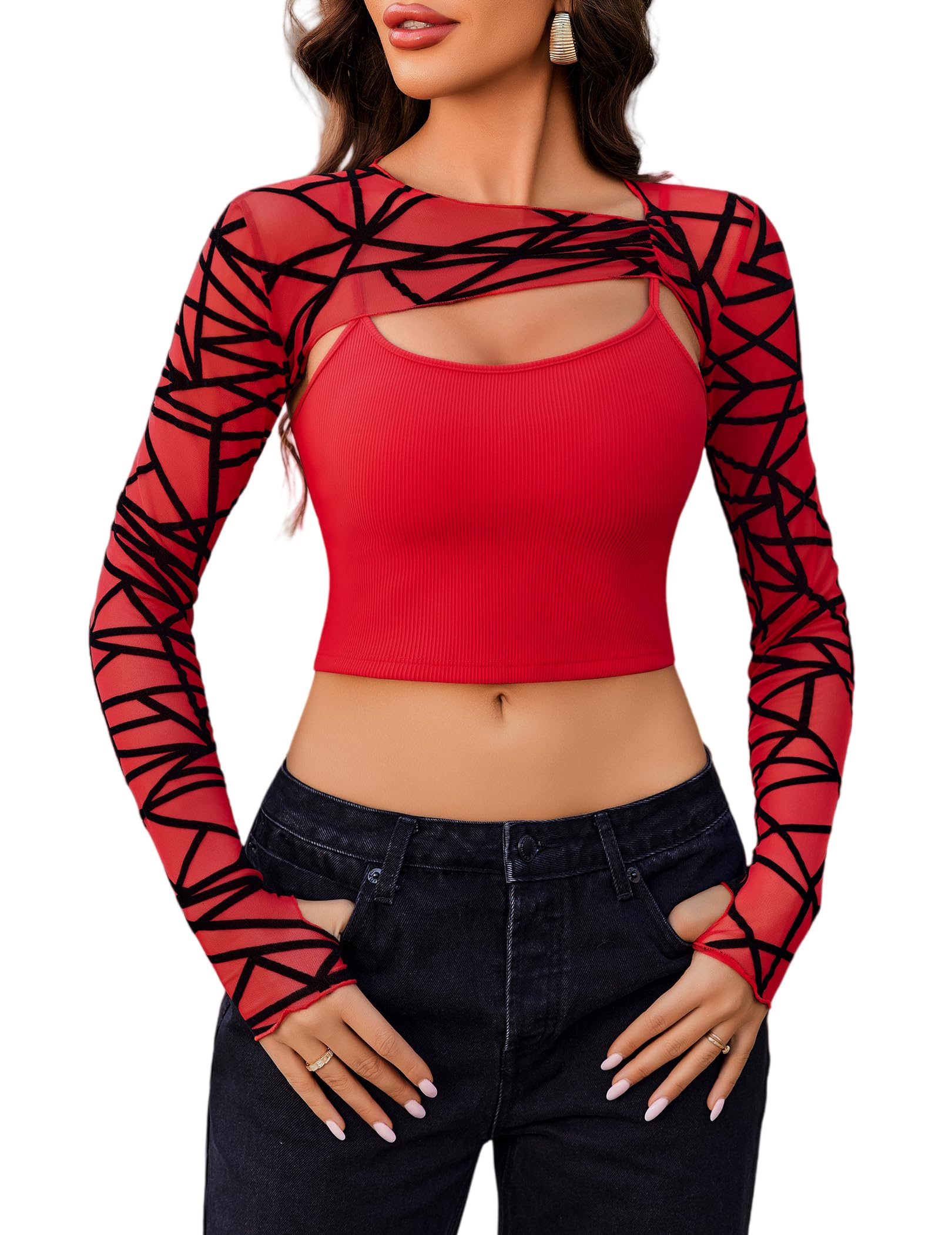 Avidlove Women Sexy Long Sleeve Mesh Crop Top Solid Cover Up with Spaghetti Strap Cami Top 2 Pieces Clubwear with Thumb Holes