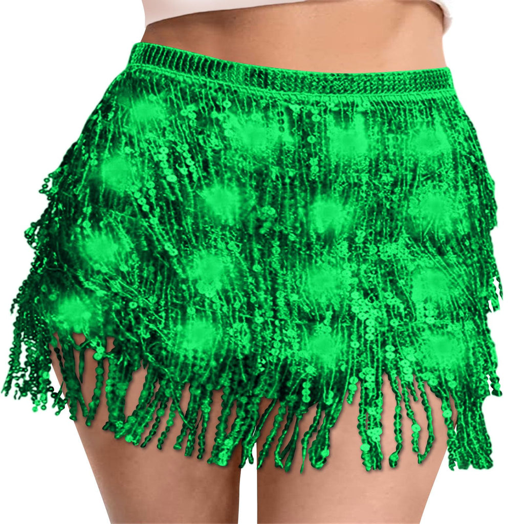Sequin Skirt Women Led Waist Scarf Belly Dance Waist Chain Tassel Shine Sparkly Mini Skirts Rave Party Outfit