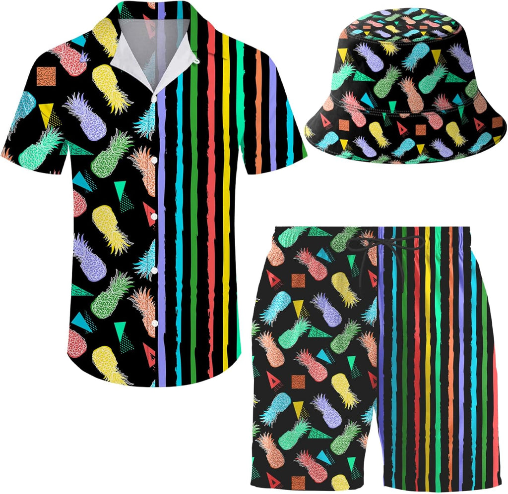 Men's 2 Piece Tracksuit Hawaiian Shirt Shorts Button Down Shirt and Shorts Sets with Bucket Hats