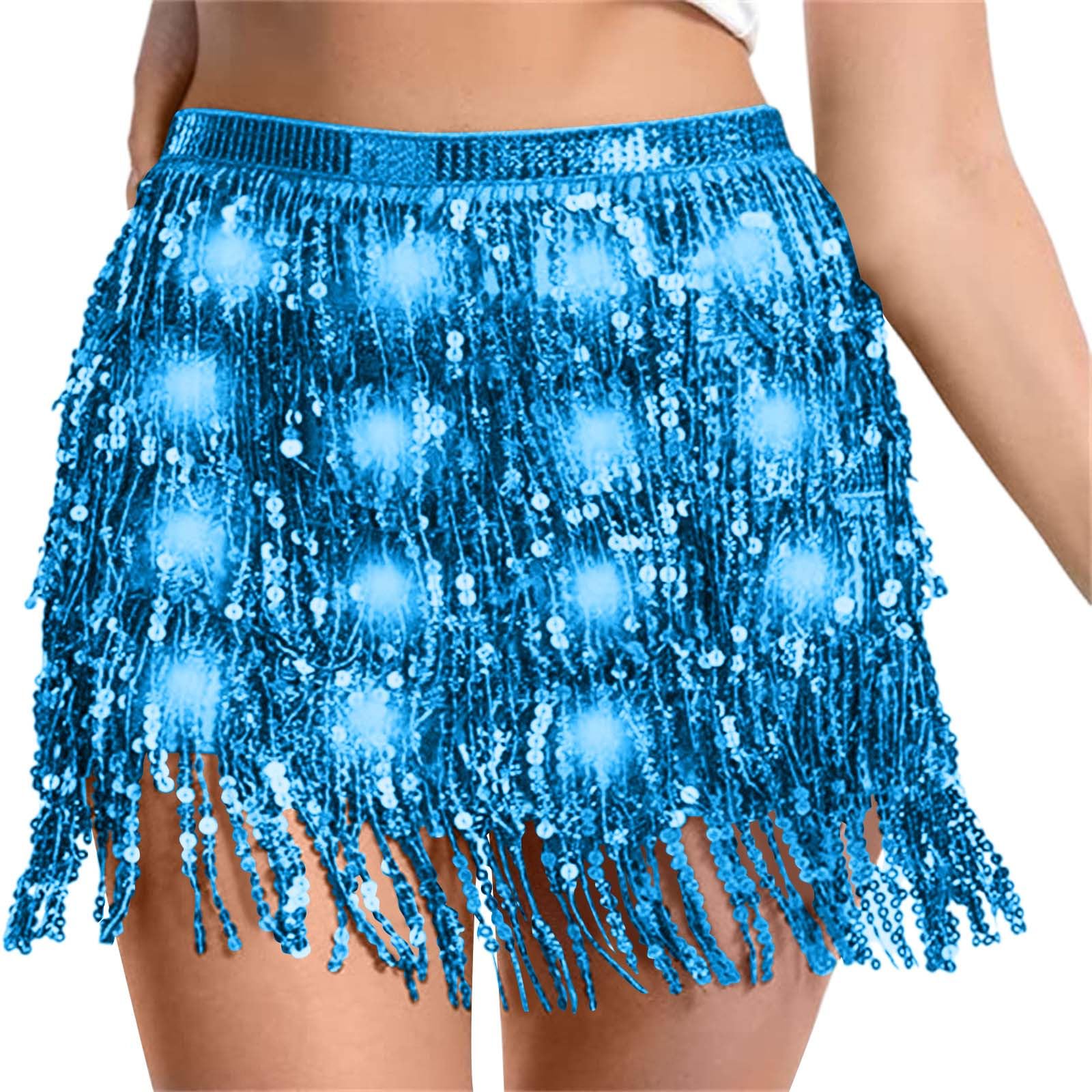 Sequin Skirt Women Led Waist Scarf Belly Dance Waist Chain Tassel Shine Sparkly Mini Skirts Rave Party Outfit