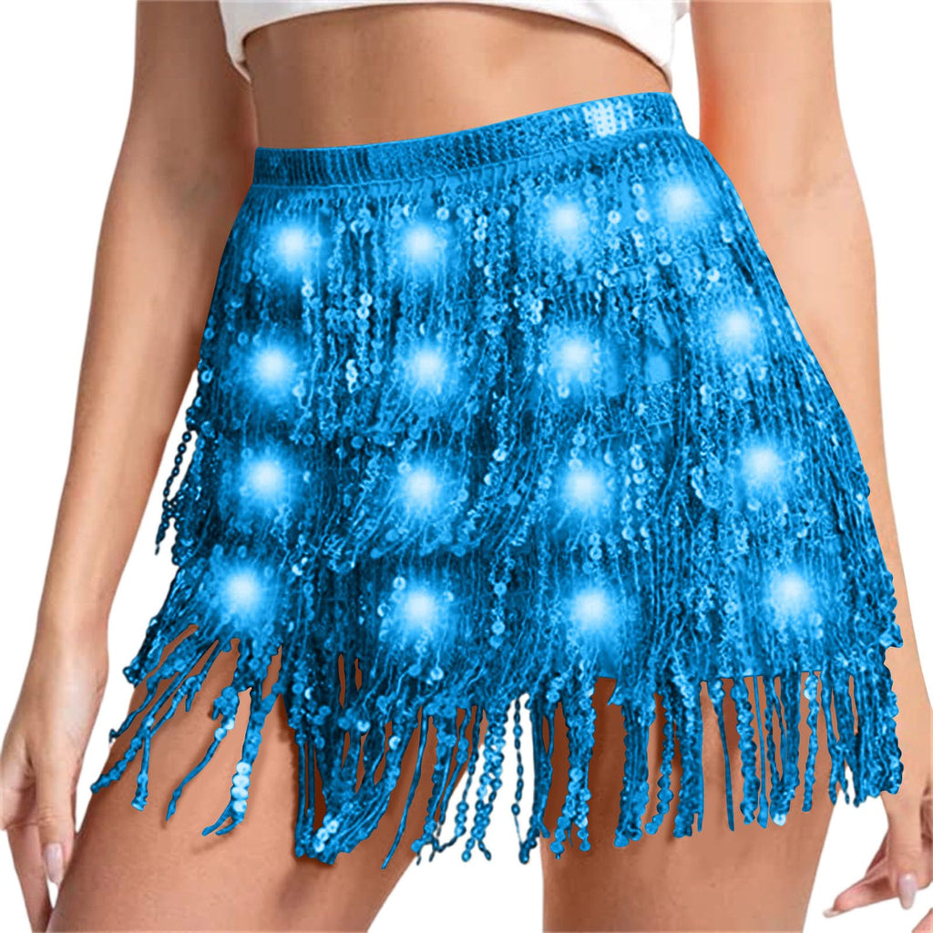 Sequin Skirt Women Led Waist Scarf Belly Dance Waist Chain Tassel Shine Sparkly Mini Skirts Rave Party Outfit