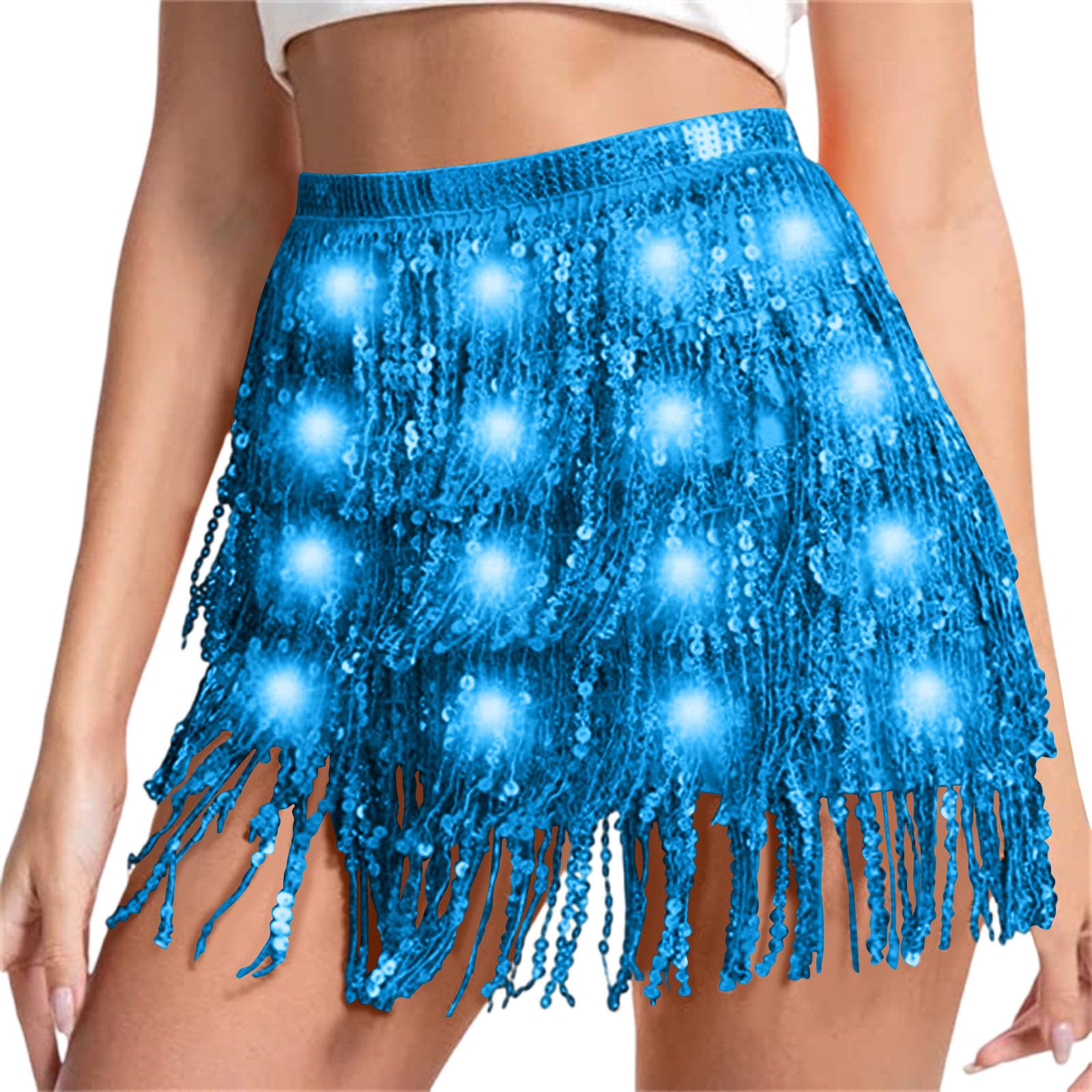 Sequin Skirt Women Led Waist Scarf Belly Dance Waist Chain Tassel Shine Sparkly Mini Skirts Rave Party Outfit