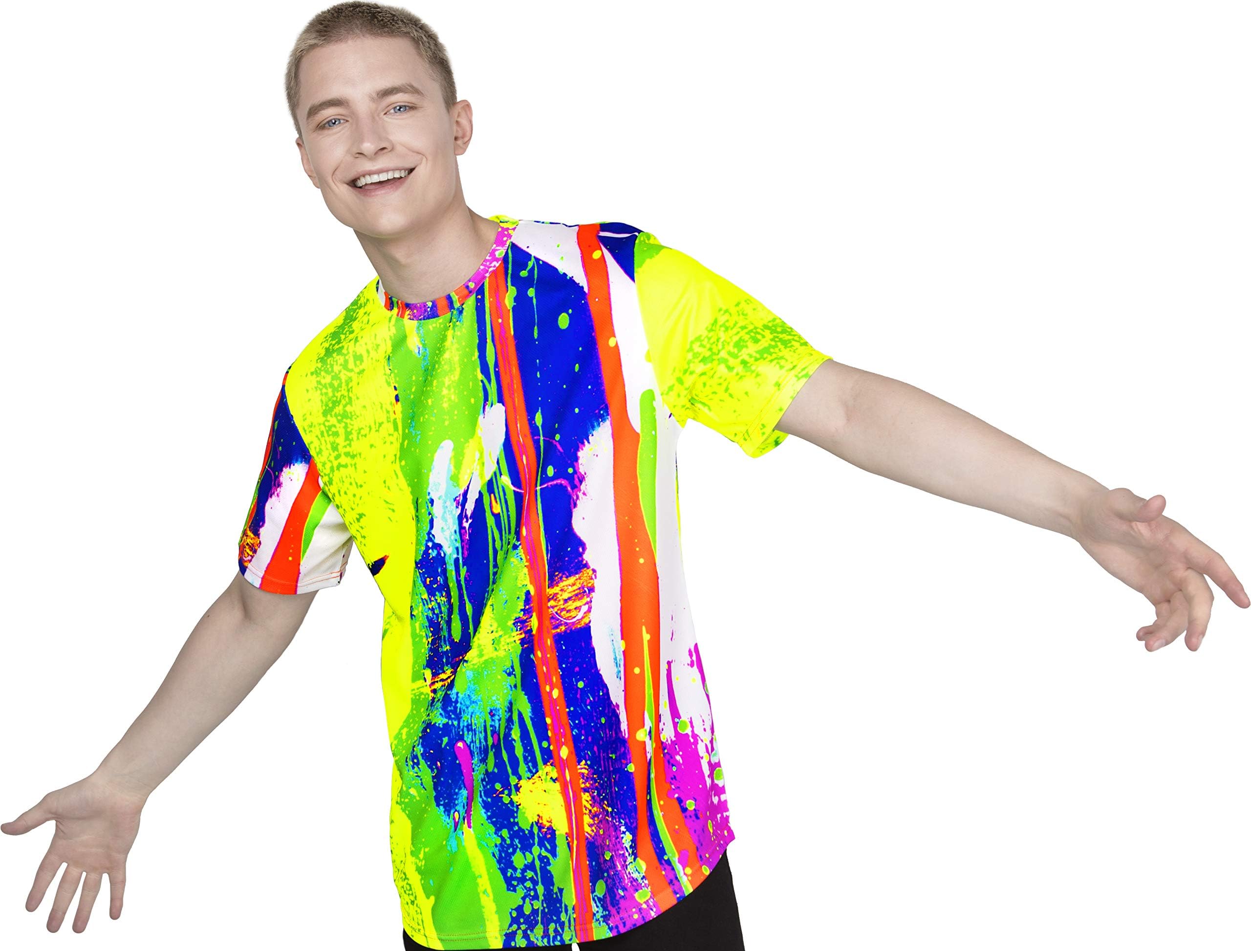 aofmoka Neon Glow Blacklight UV Reactive Party Rave Handmade Art Tee Sport Top Workout Shirt Women Unisex Men Design T-Shirt