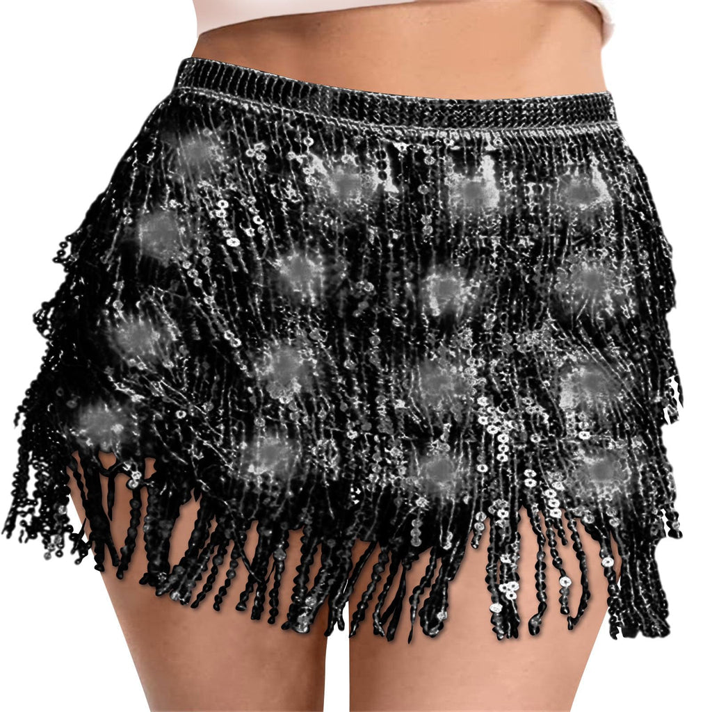 Sequin Skirt Women Led Waist Scarf Belly Dance Waist Chain Tassel Shine Sparkly Mini Skirts Rave Party Outfit