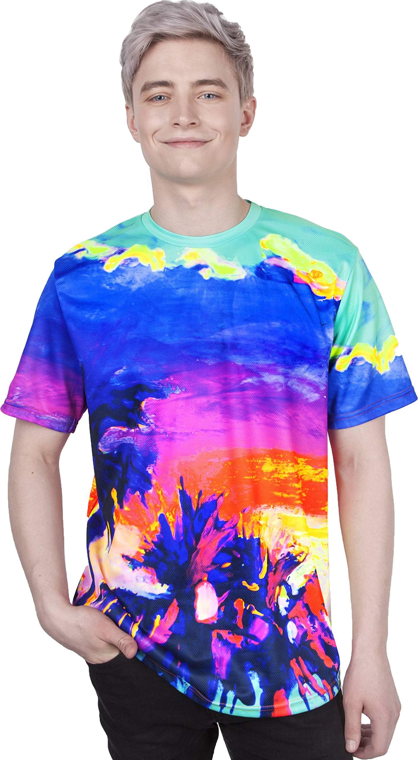 aofmoka Neon Glow Blacklight UV Reactive Party Rave Handmade Art Tee Sport Top Workout Shirt Women Unisex Men Design T-Shirt