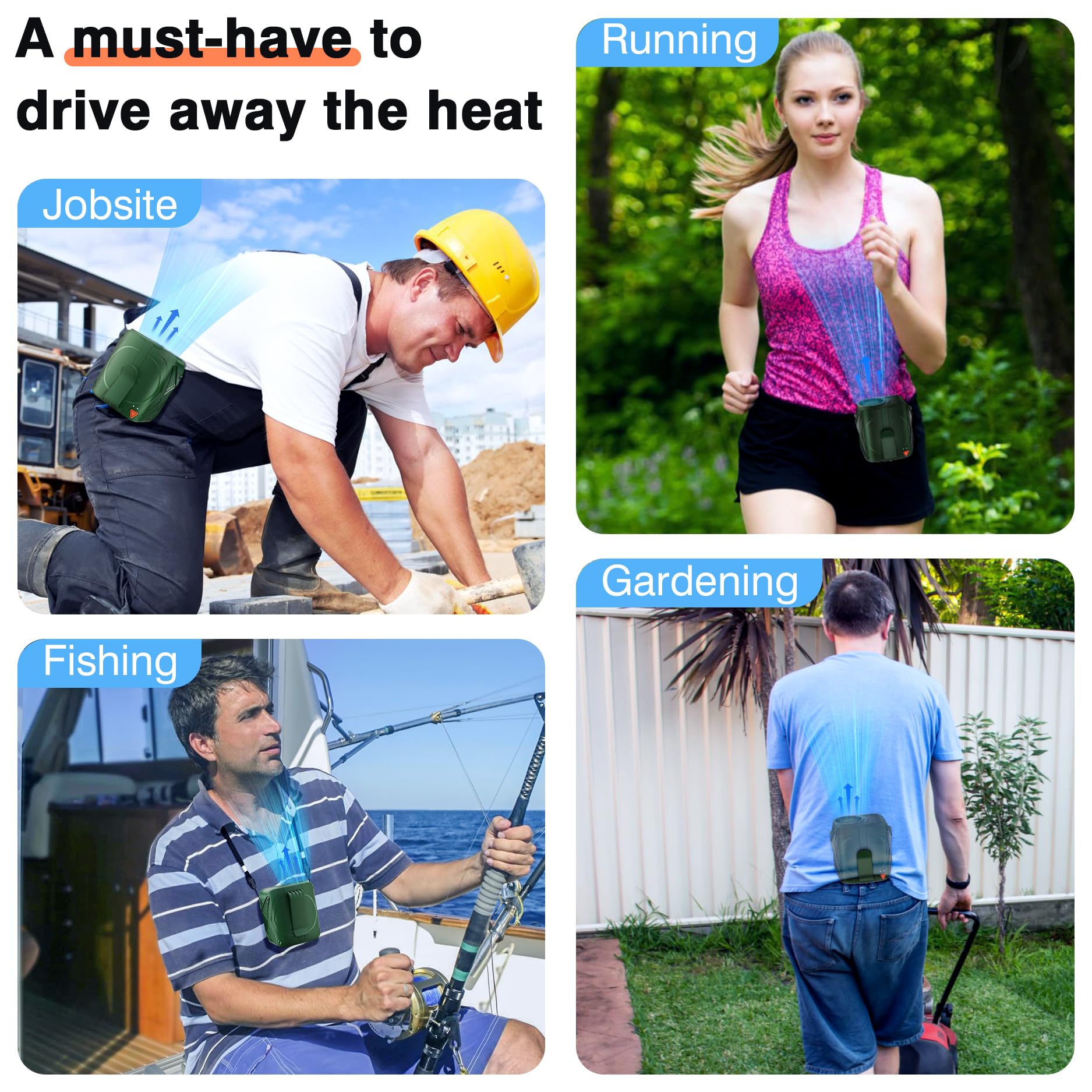 Portable Fan Rechargeable, 6-Speed 14000RPM High-Velocity Airflow, Hands-Free Wearable Waist Fan 31H Battery Life, Personal Belt fan for Outdoor, Jobsite, Travel, Indoor, Hanging Neck Fan with Strap