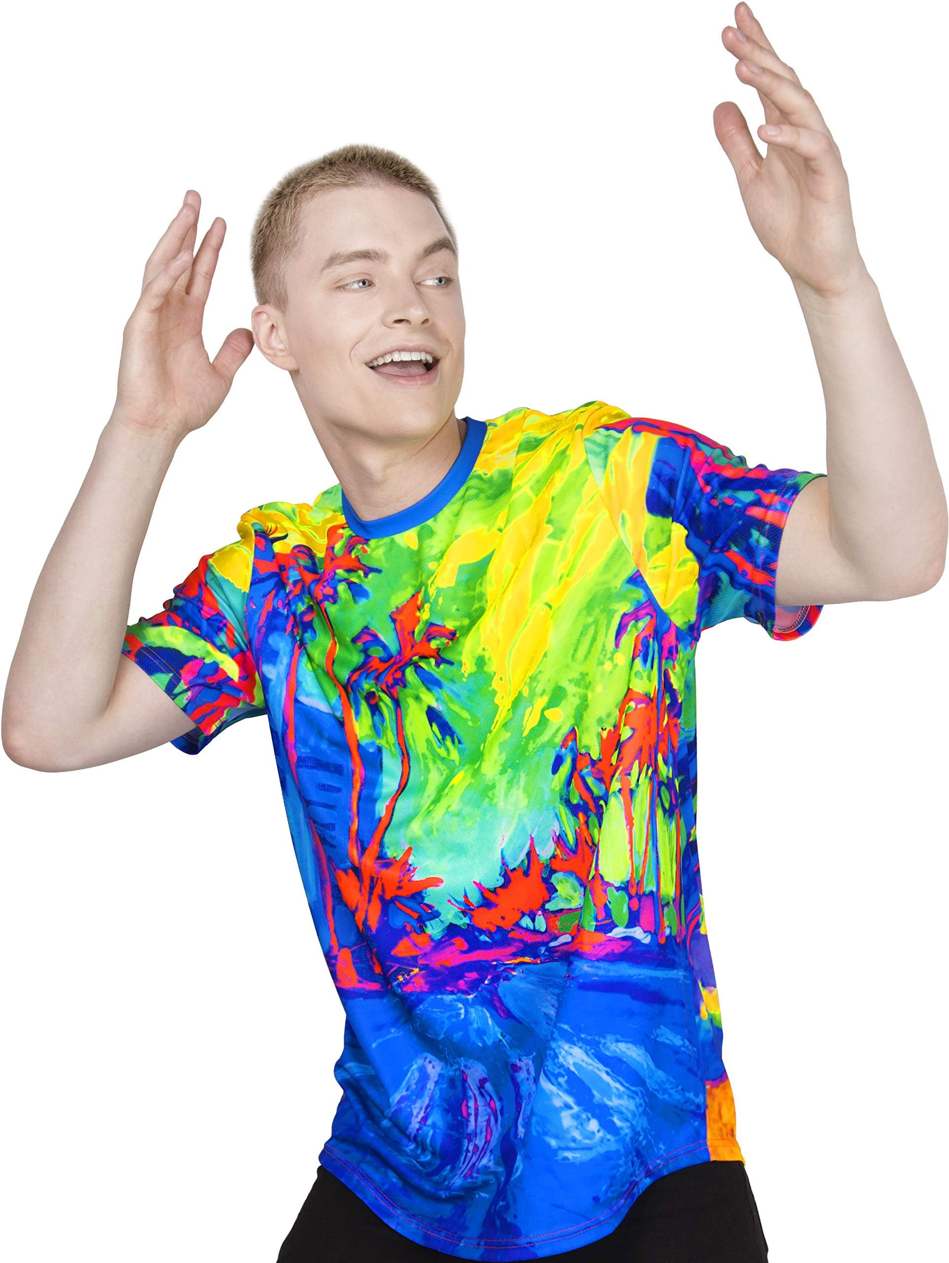 aofmoka Neon Glow Blacklight UV Reactive Party Rave Handmade Art Tee Sport Top Workout Shirt Women Unisex Men Design T-Shirt