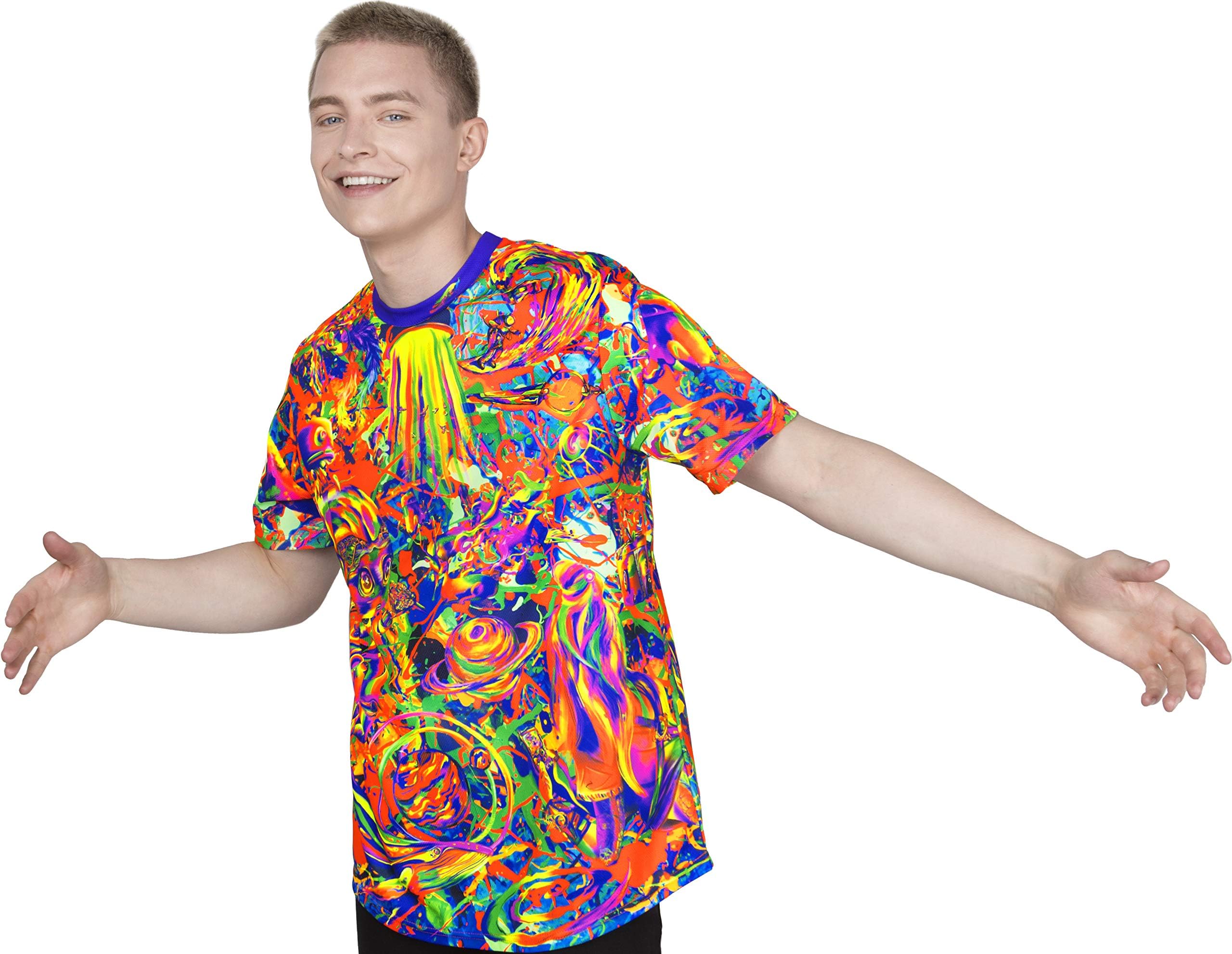 aofmoka Neon Glow Blacklight UV Reactive Party Rave Handmade Art Tee Sport Top Workout Shirt Women Unisex Men Design T-Shirt