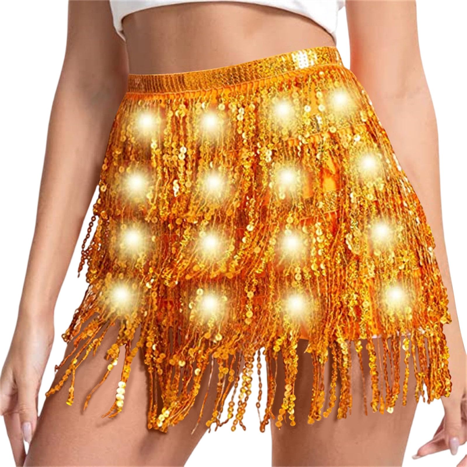 Sequin Skirt Women Led Waist Scarf Belly Dance Waist Chain Tassel Shine Sparkly Mini Skirts Rave Party Outfit