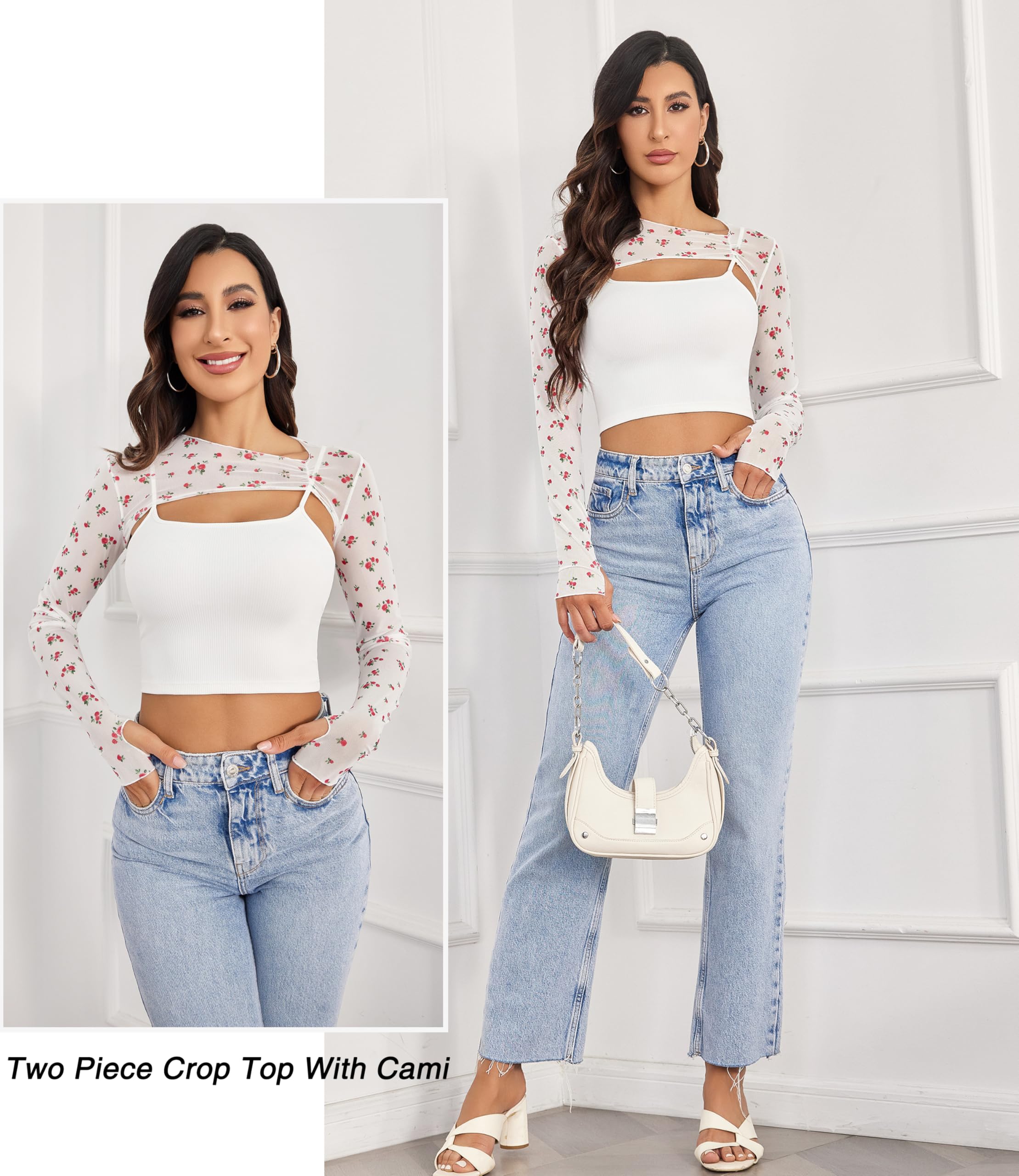 Avidlove Women Sexy Long Sleeve Mesh Crop Top Solid Cover Up with Spaghetti Strap Cami Top 2 Pieces Clubwear with Thumb Holes