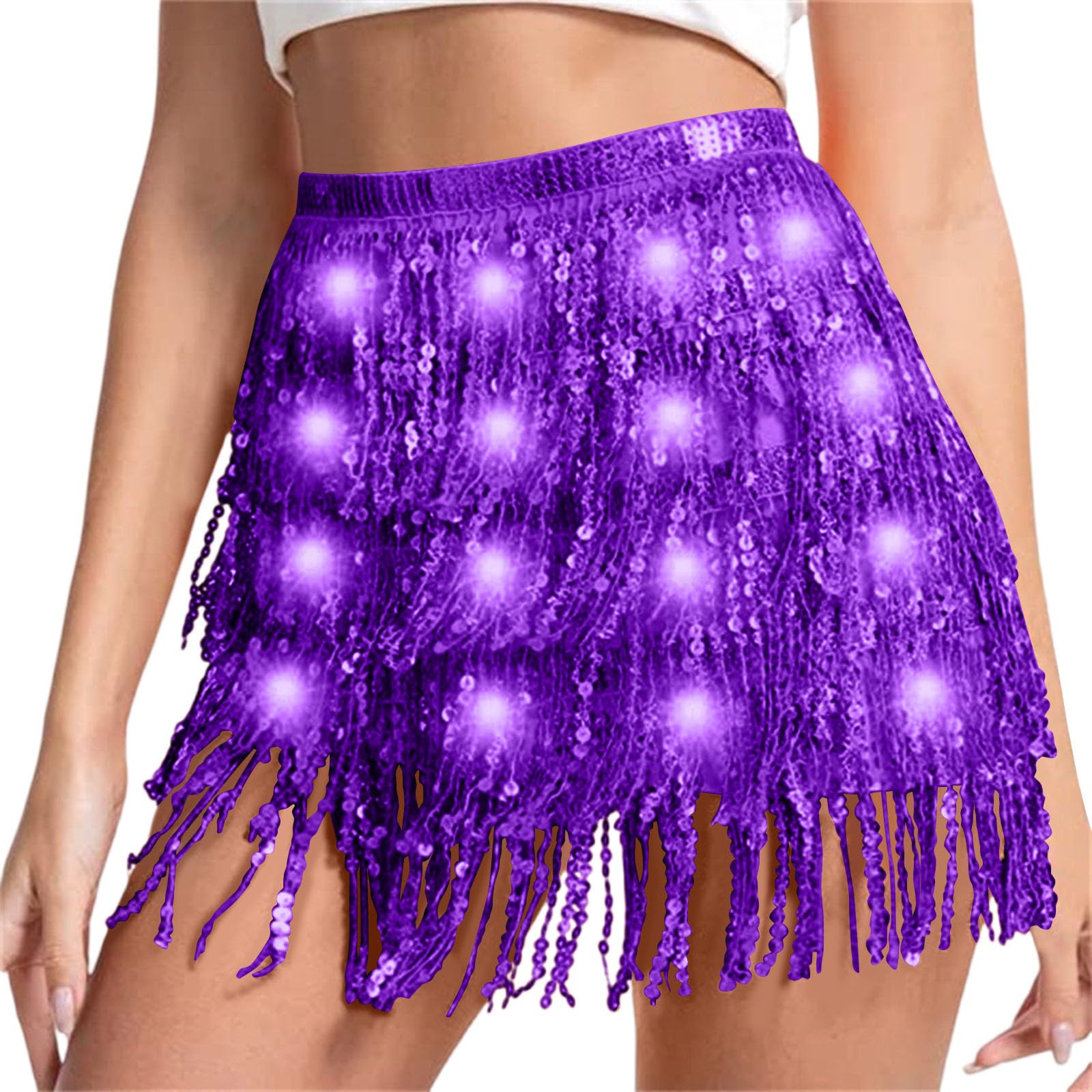 Sequin Skirt Women Led Waist Scarf Belly Dance Waist Chain Tassel Shine Sparkly Mini Skirts Rave Party Outfit