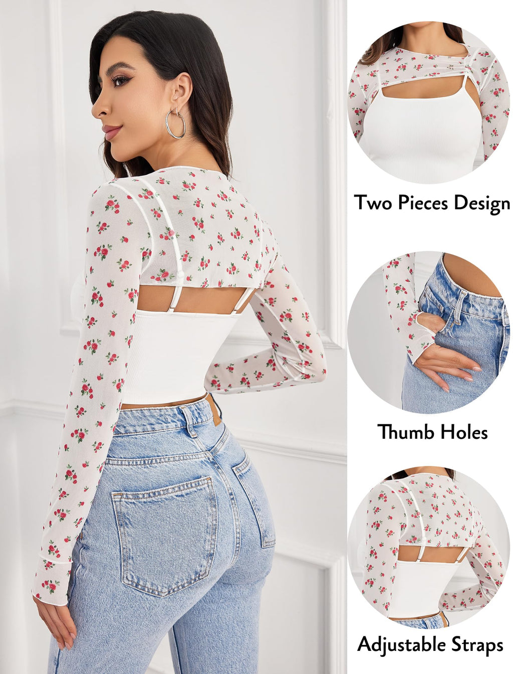 Avidlove Women Sexy Long Sleeve Mesh Crop Top Solid Cover Up with Spaghetti Strap Cami Top 2 Pieces Clubwear with Thumb Holes