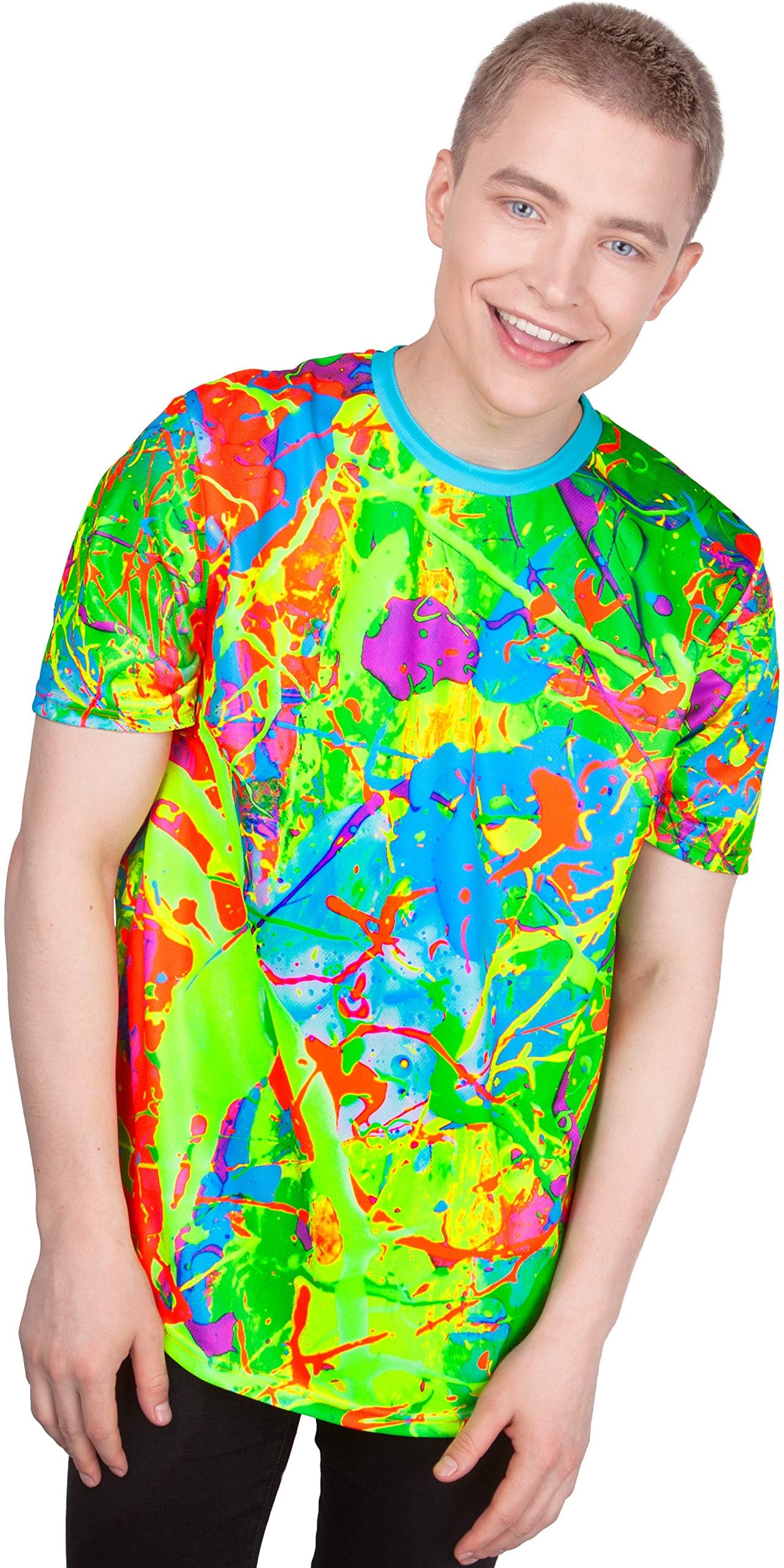 aofmoka Neon Glow Blacklight UV Reactive Party Rave Handmade Art Tee Sport Top Workout Shirt Women Unisex Men Design T-Shirt