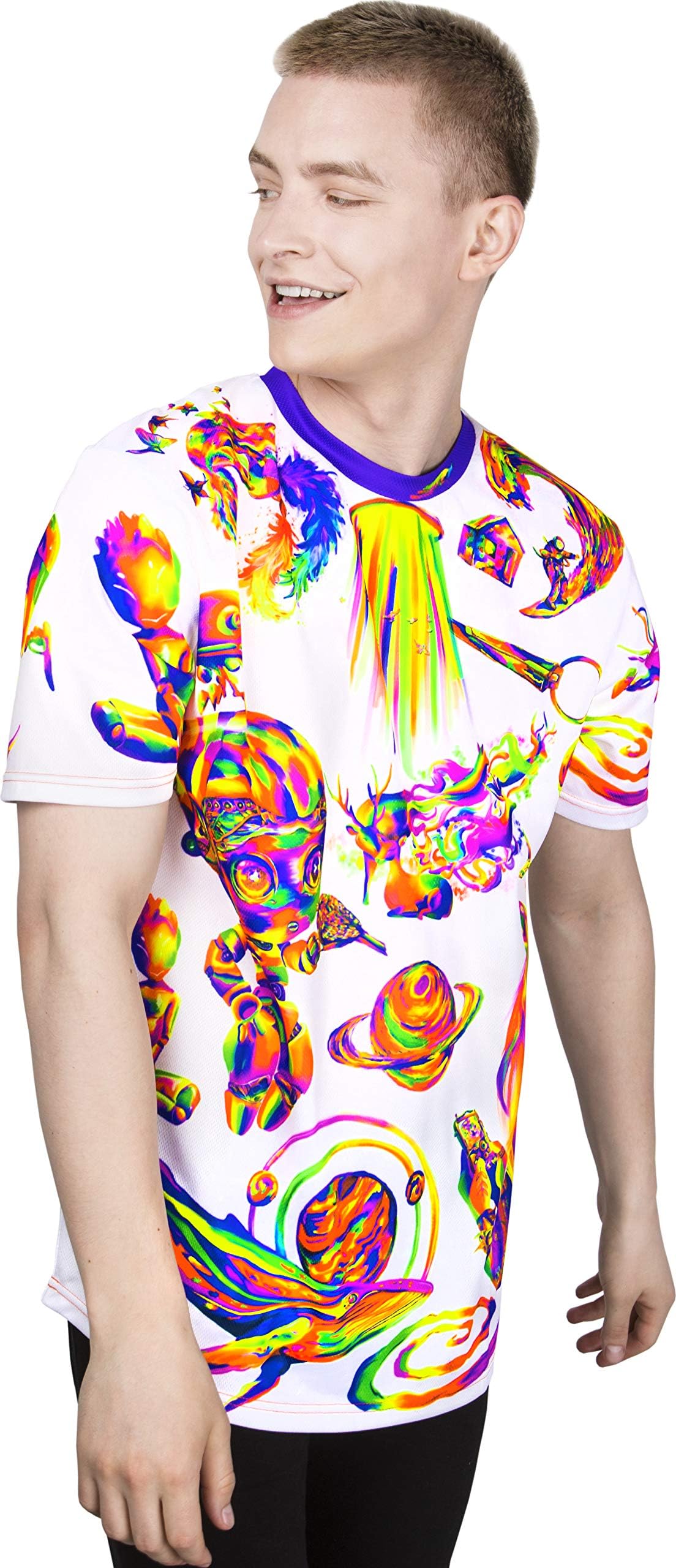 aofmoka Neon Glow Blacklight UV Reactive Party Rave Handmade Art Tee Sport Top Workout Shirt Women Unisex Men Design T-Shirt