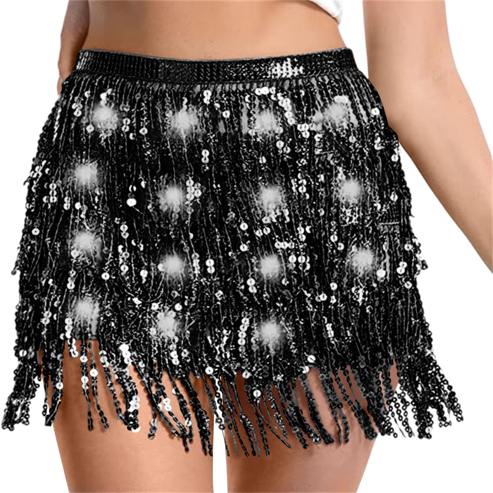 Sequin Skirt Women Led Waist Scarf Belly Dance Waist Chain Tassel Shine Sparkly Mini Skirts Rave Party Outfit