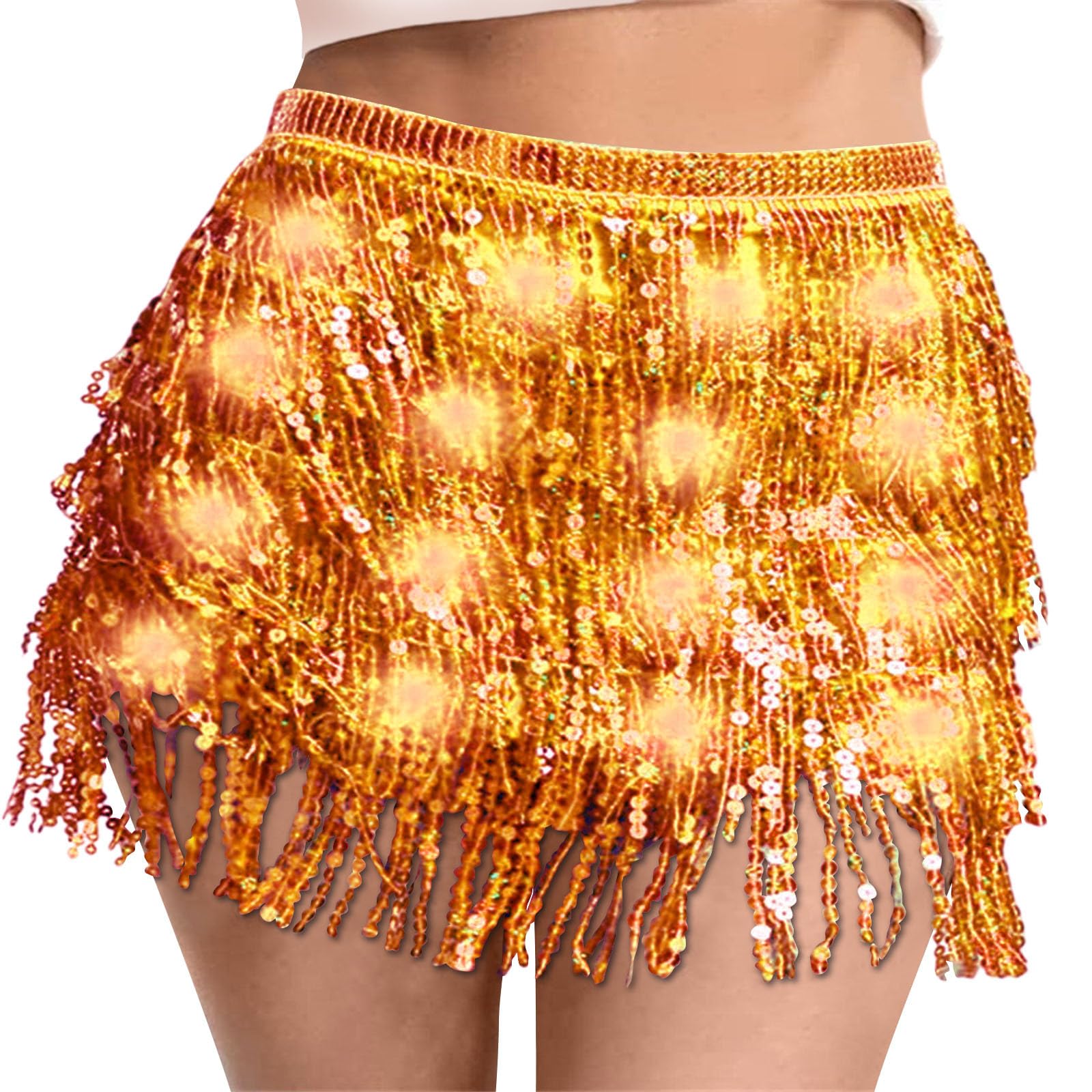 Sequin Skirt Women Led Waist Scarf Belly Dance Waist Chain Tassel Shine Sparkly Mini Skirts Rave Party Outfit