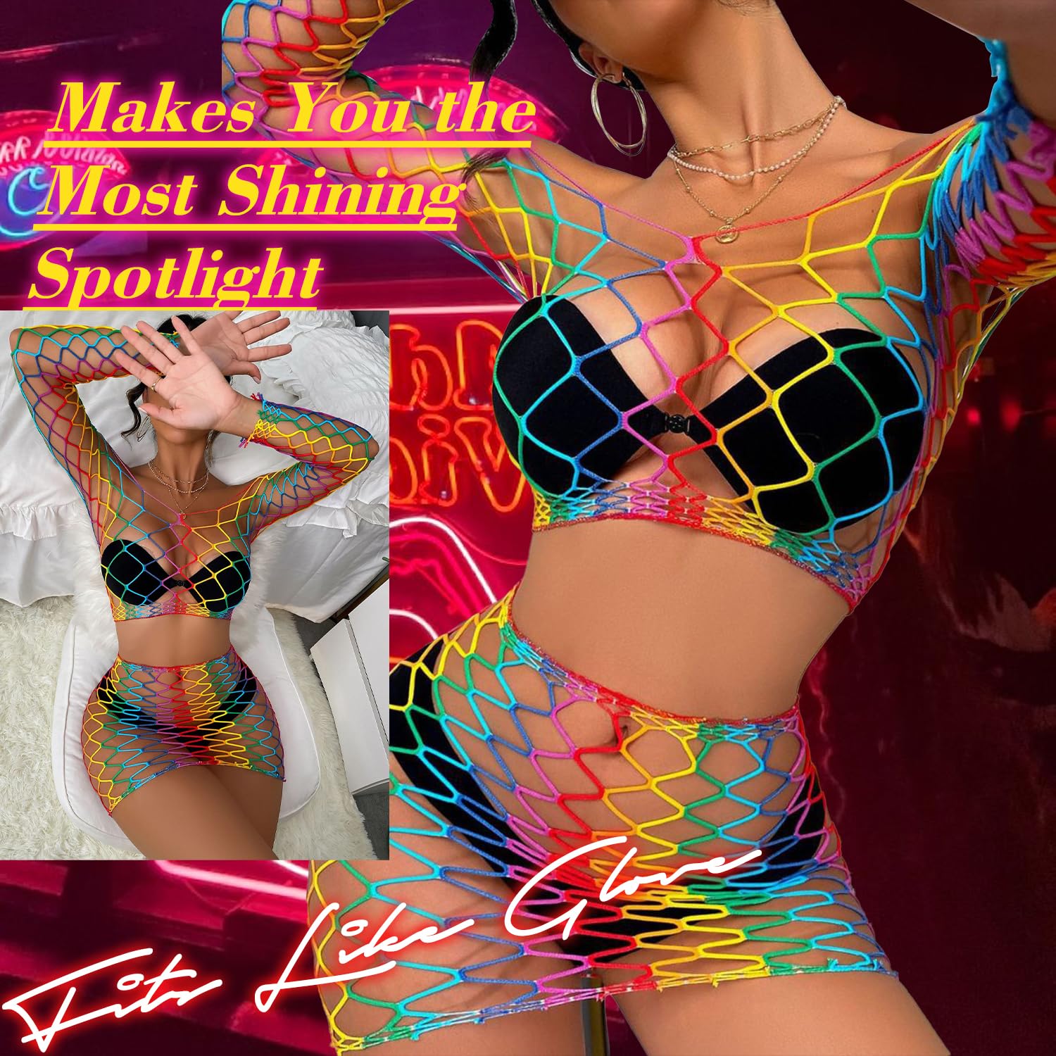 Lingerie Sets for Women Sparkly Rhinestone Sexy Fishnet Babydoll Bodysuit Mesh Chemise Nightwear