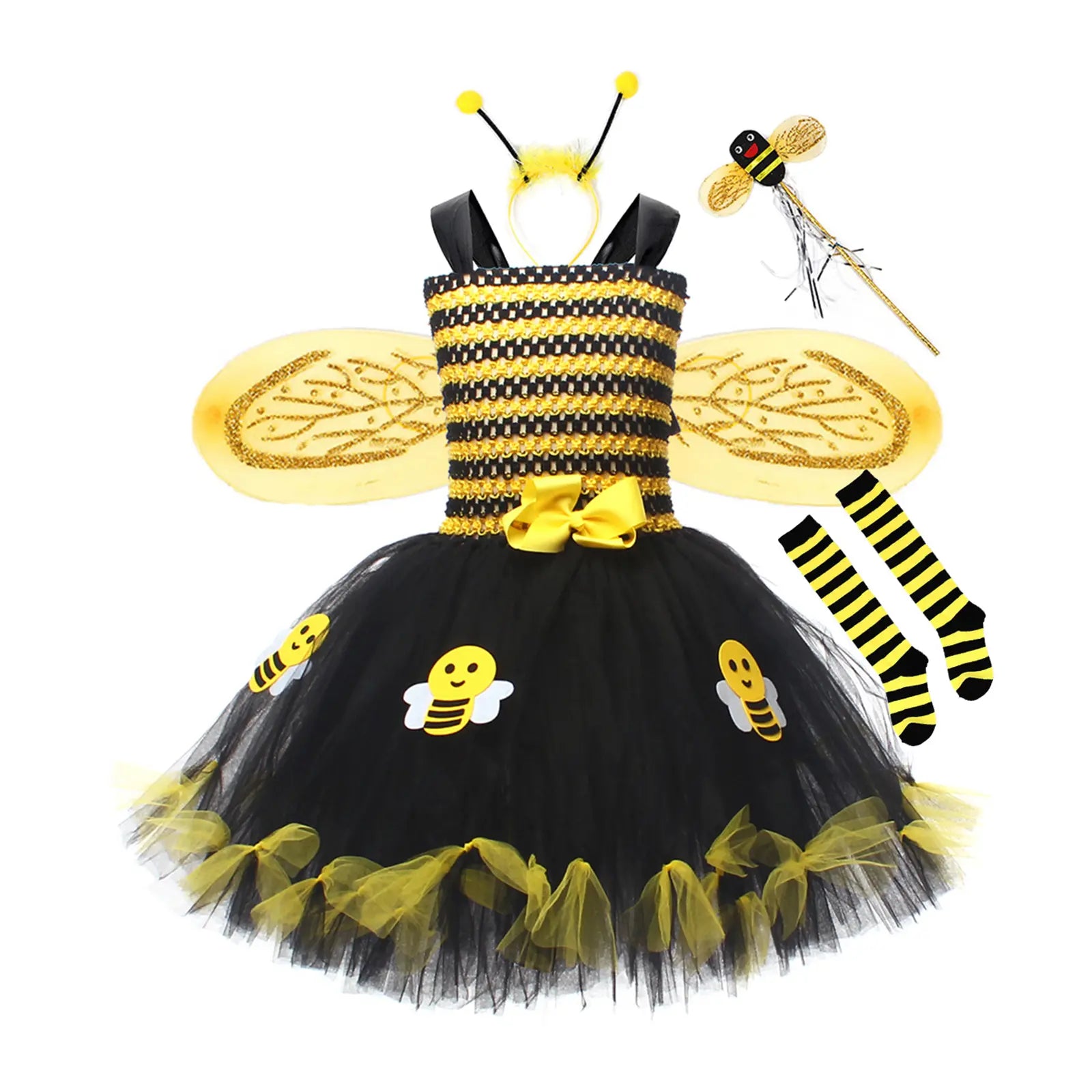 Toddler Kids Girls Halloween Cosplay Bee Costume Sleeveless Tulle Dress Headband Leg Warmers Wand Wing Sets for Rave Cosplay Party