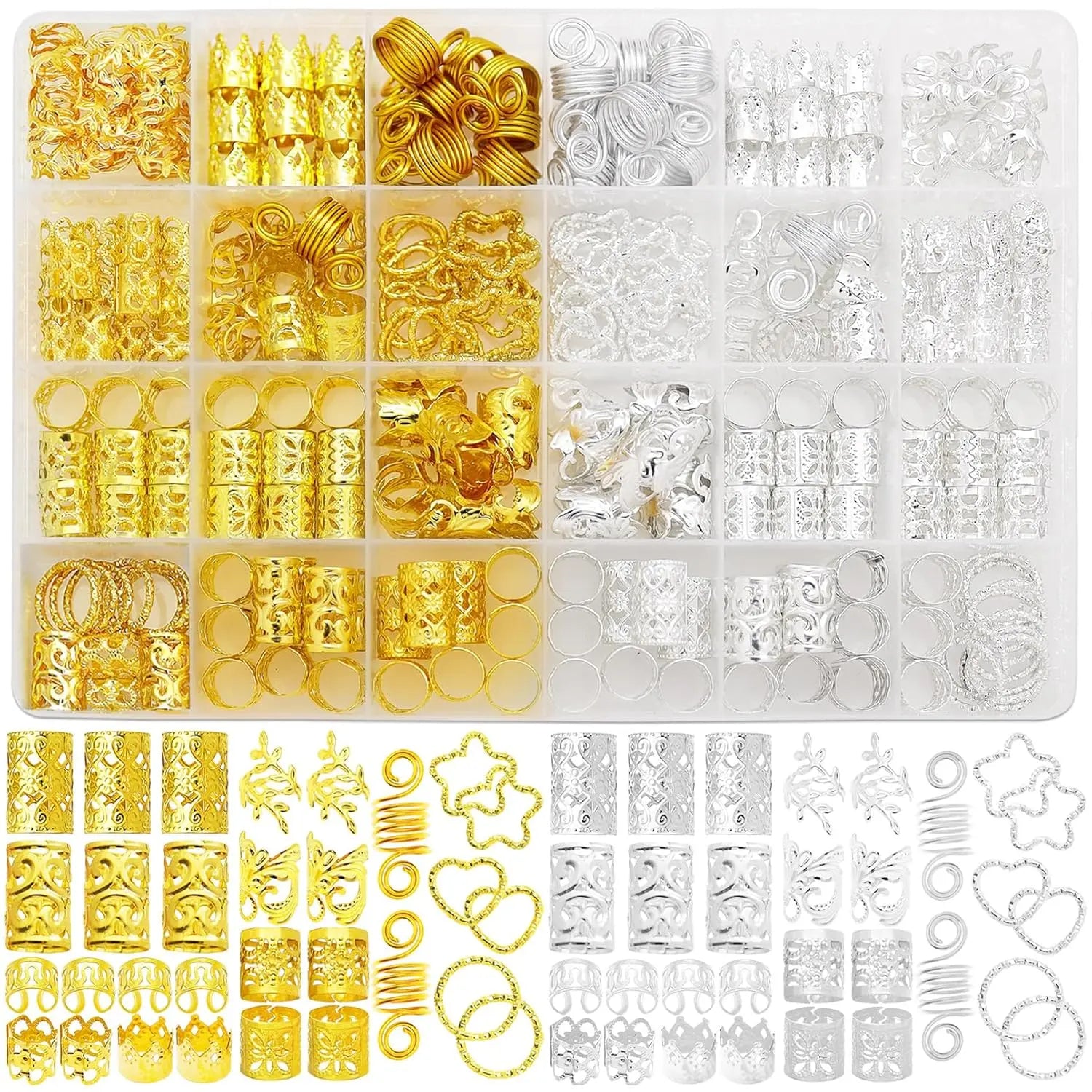 260 Pcs Hair Jewelry for Braids,Hair Beads Accessories for Dreadlock,Metal Hair Clips Cuffs Rings,Loc Rave Hair Charm Decorations Adjustable Kits for Men Women Silver