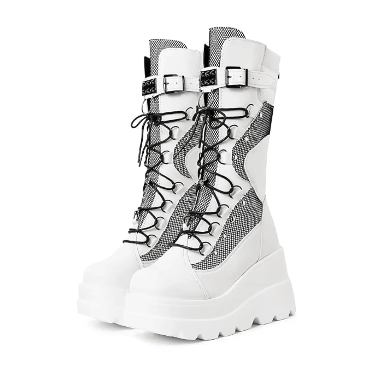 Womens Goth Platform Boots Chunky Wedge Heel Rave Combat Boots Lace up and Zipper round Toe Mid Calf Boot for Concert Festival